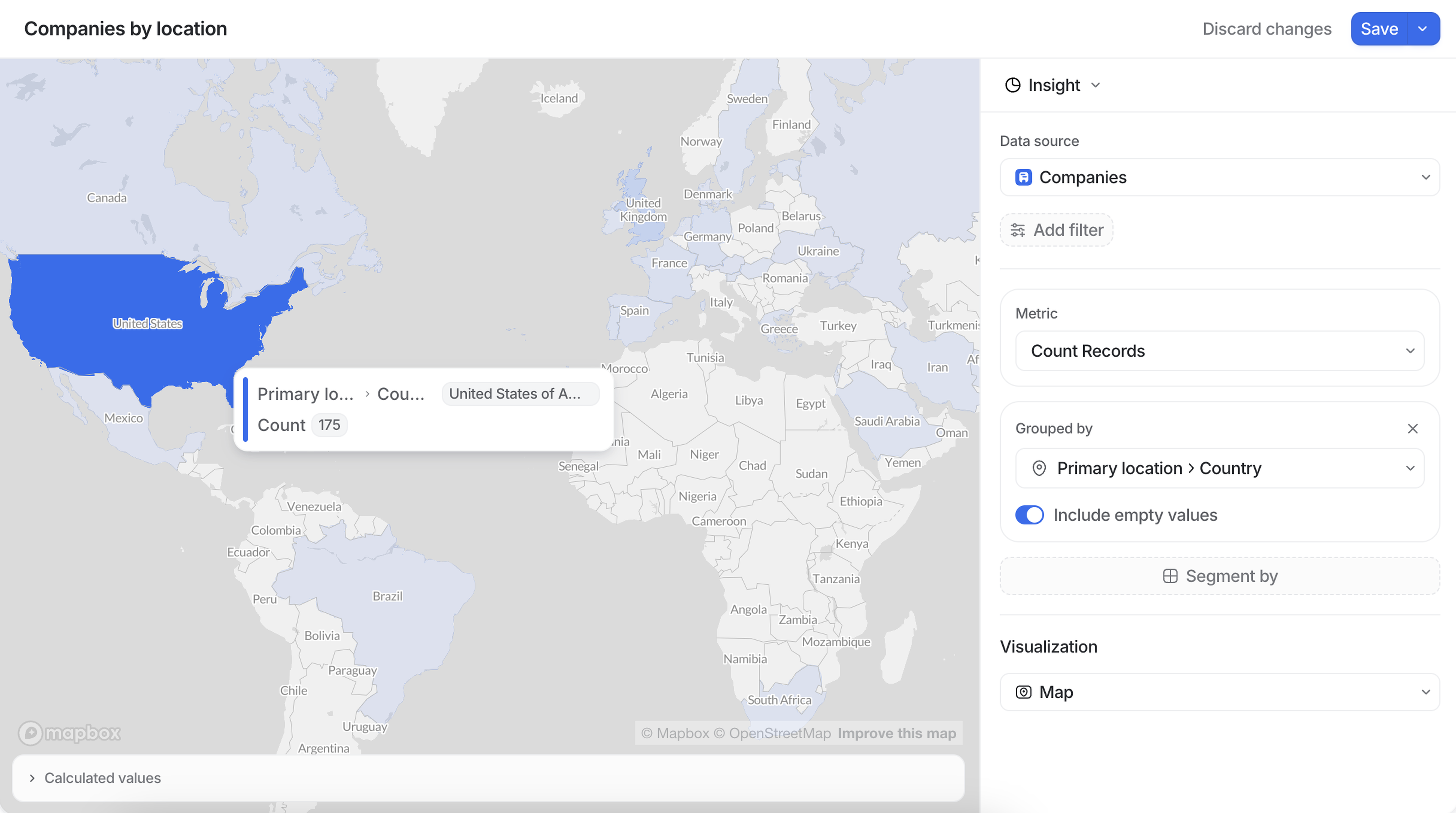 Map showing company distribution, highlighting the United States in blue with a count of 175 companies. Other countries are greyed out.