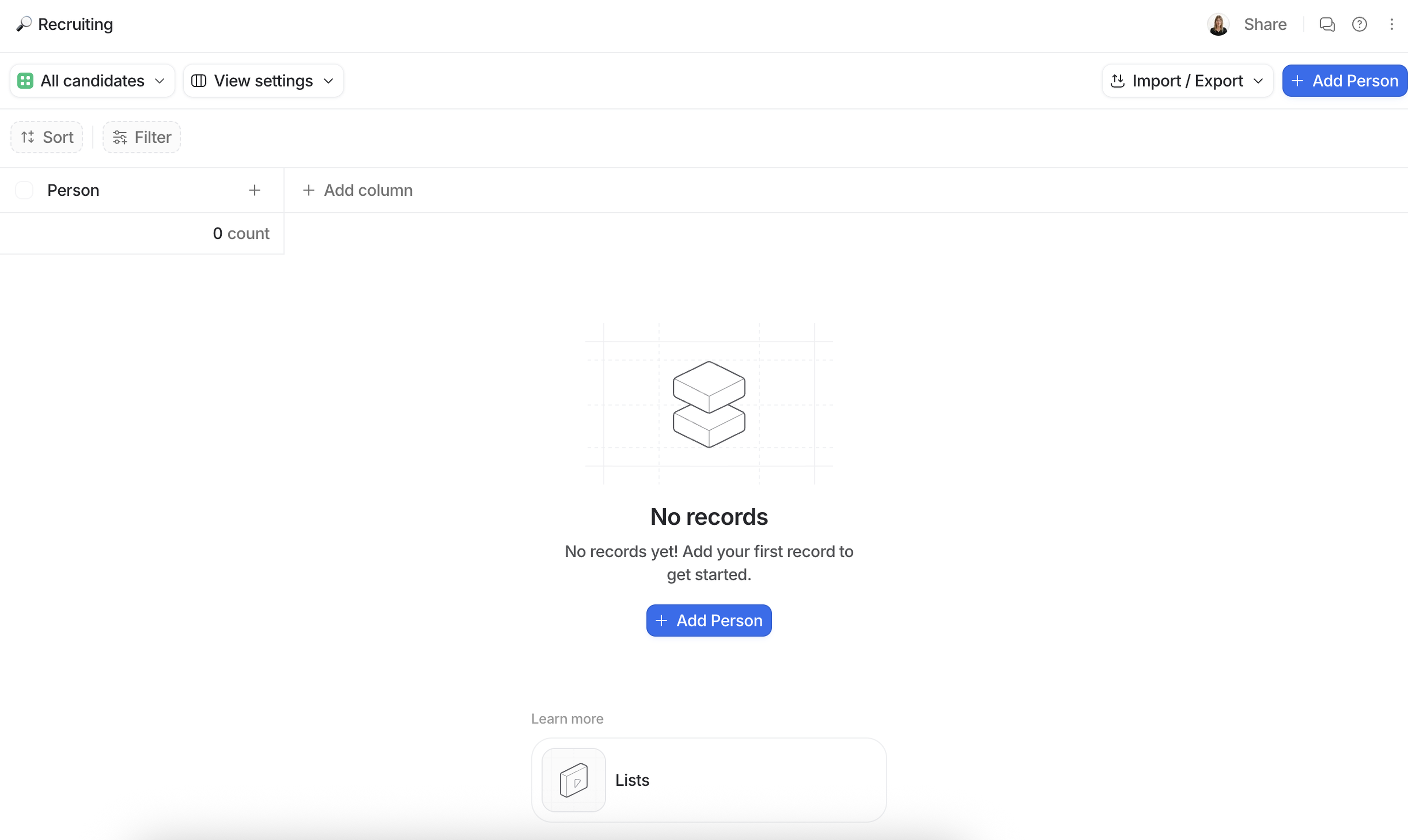 A blank recruiting list with options to add candidates, view settings, and import/export data. "No records" message displayed.