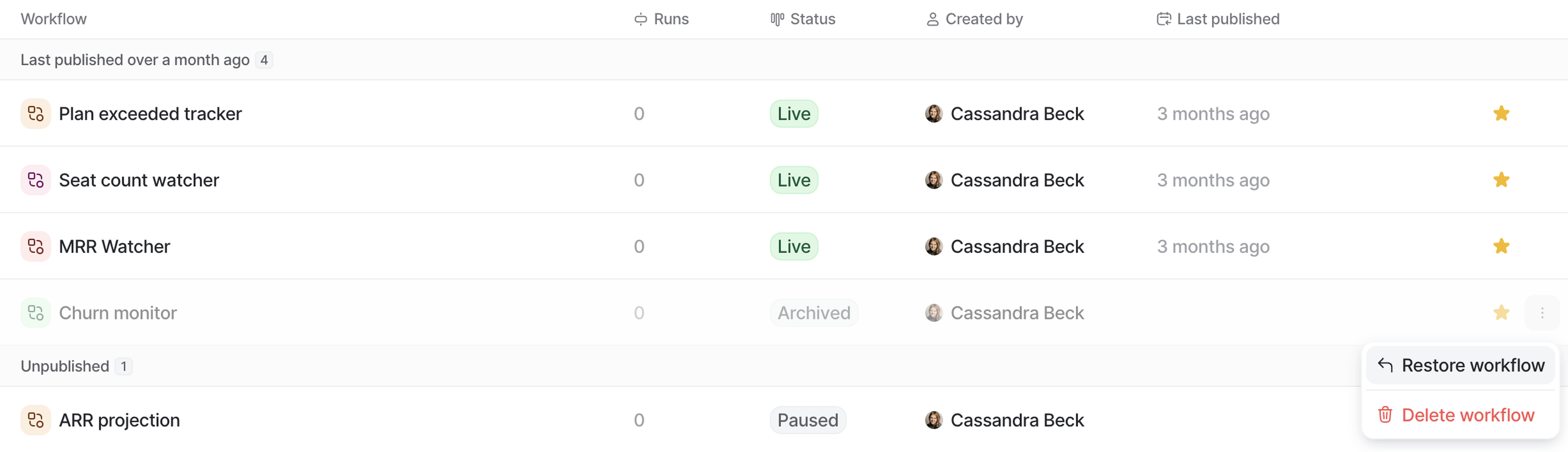 Automations page showing button where you can restore an archived workflow