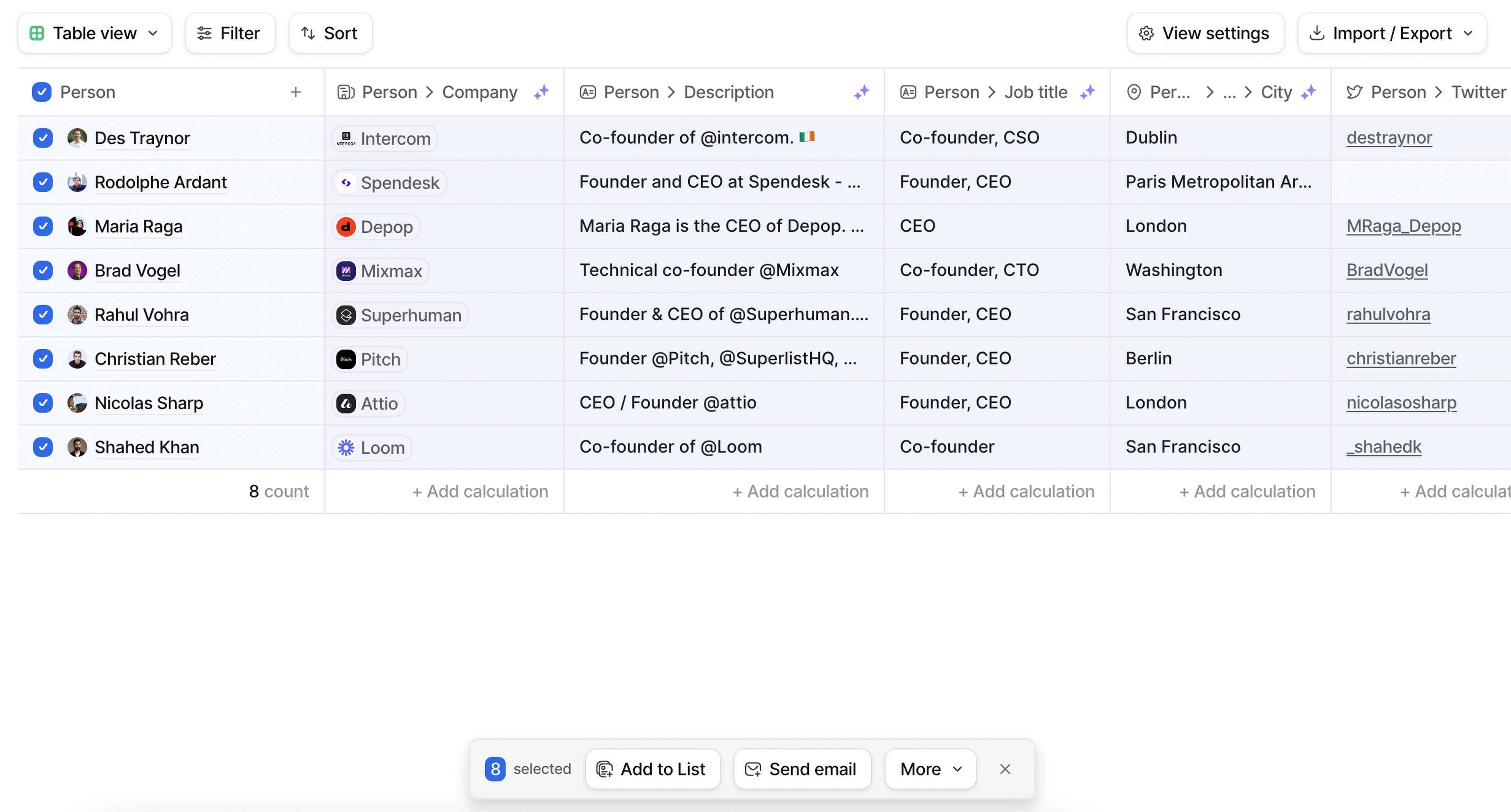 A list showing 8 people records with checkboxes selected next to their names, and a "Send email" button at the bottom in a toolbar.
