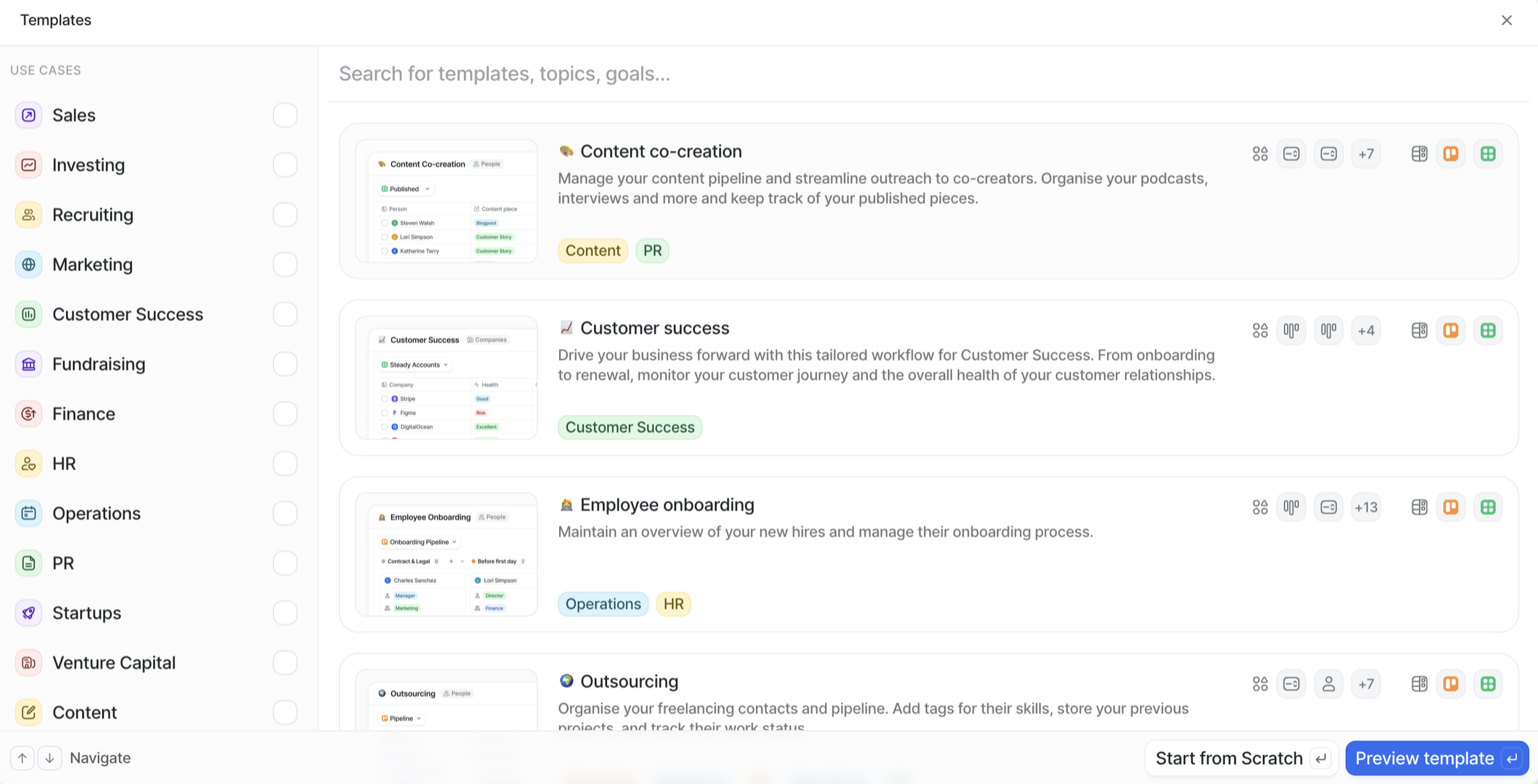 A dashboard displaying various list templates for sales, investing, recruiting, and more, with descriptions and category labels.