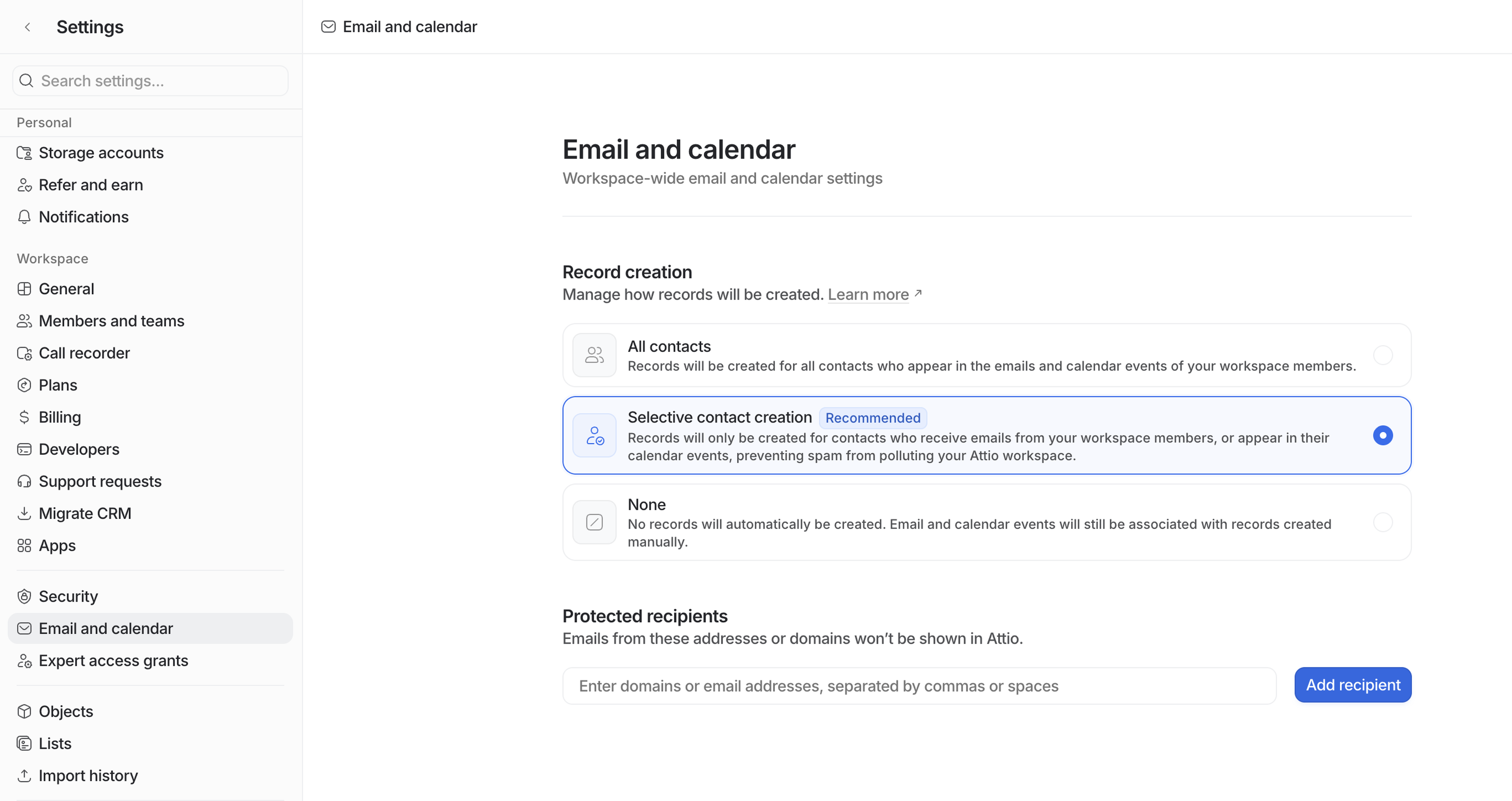 Settings page screenshot: 'Email and calendar' options with 'Selective contact creation' selected, protected recipients field and left sidebar menu.