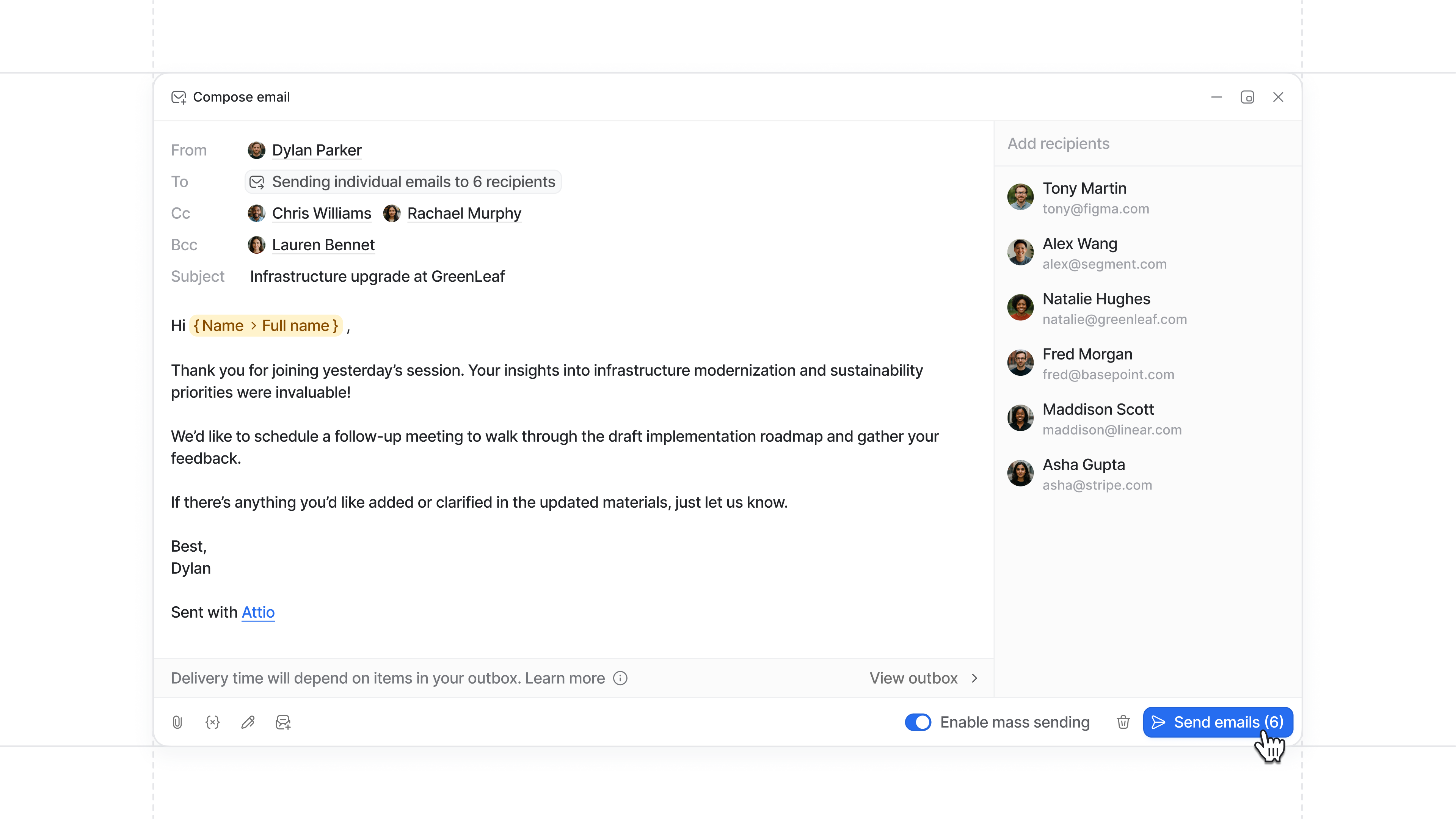 Cc/Bcc in mass send emails | Attio Changelog