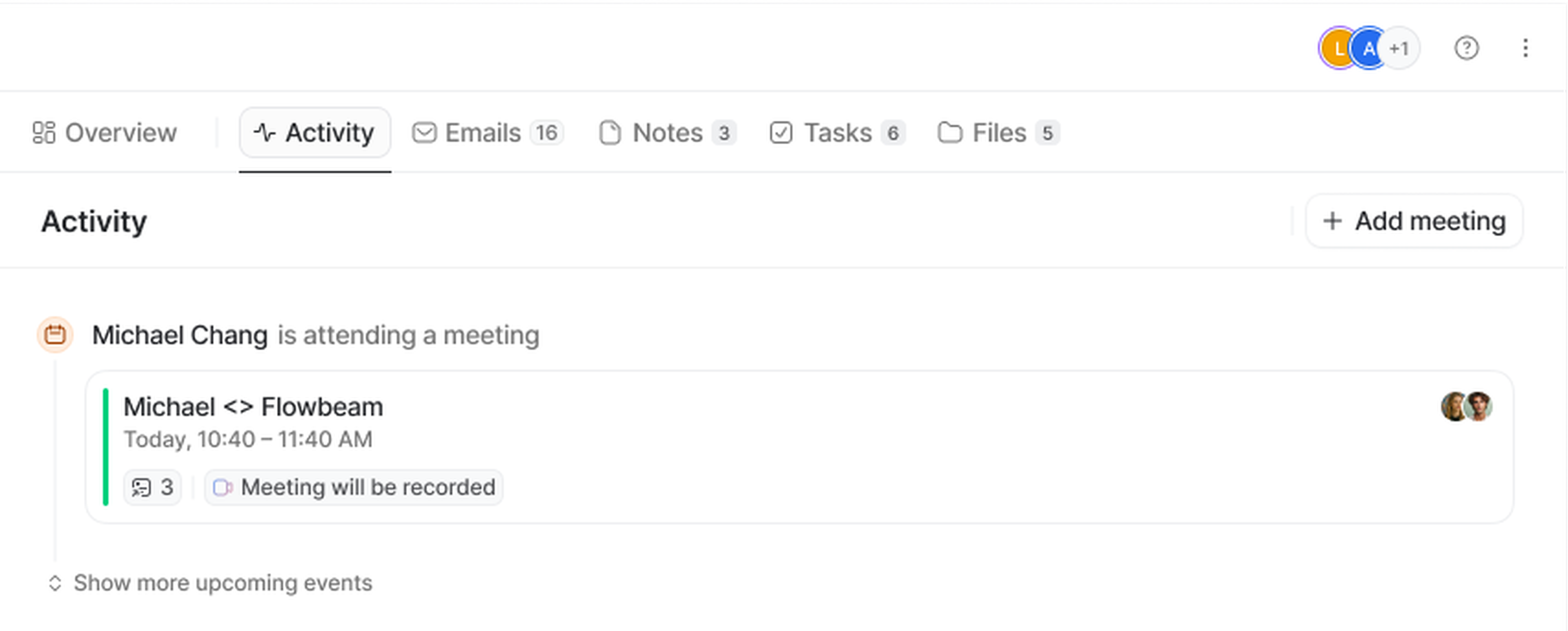 Screenshot of a calendar interface showing a meeting titled "Michael <> Flowbeam" scheduled for today from 10:40 to 11:40 AM, with a note that it will be recorded.