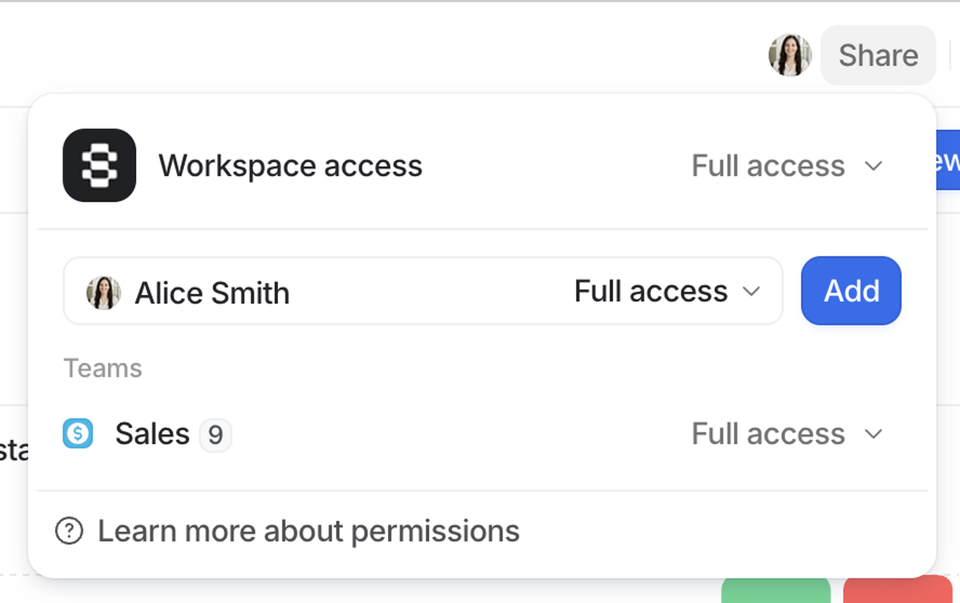User interface showing workspace access options for a dashboard. Alice Smith has full access, with an option to add her to the Sales team.