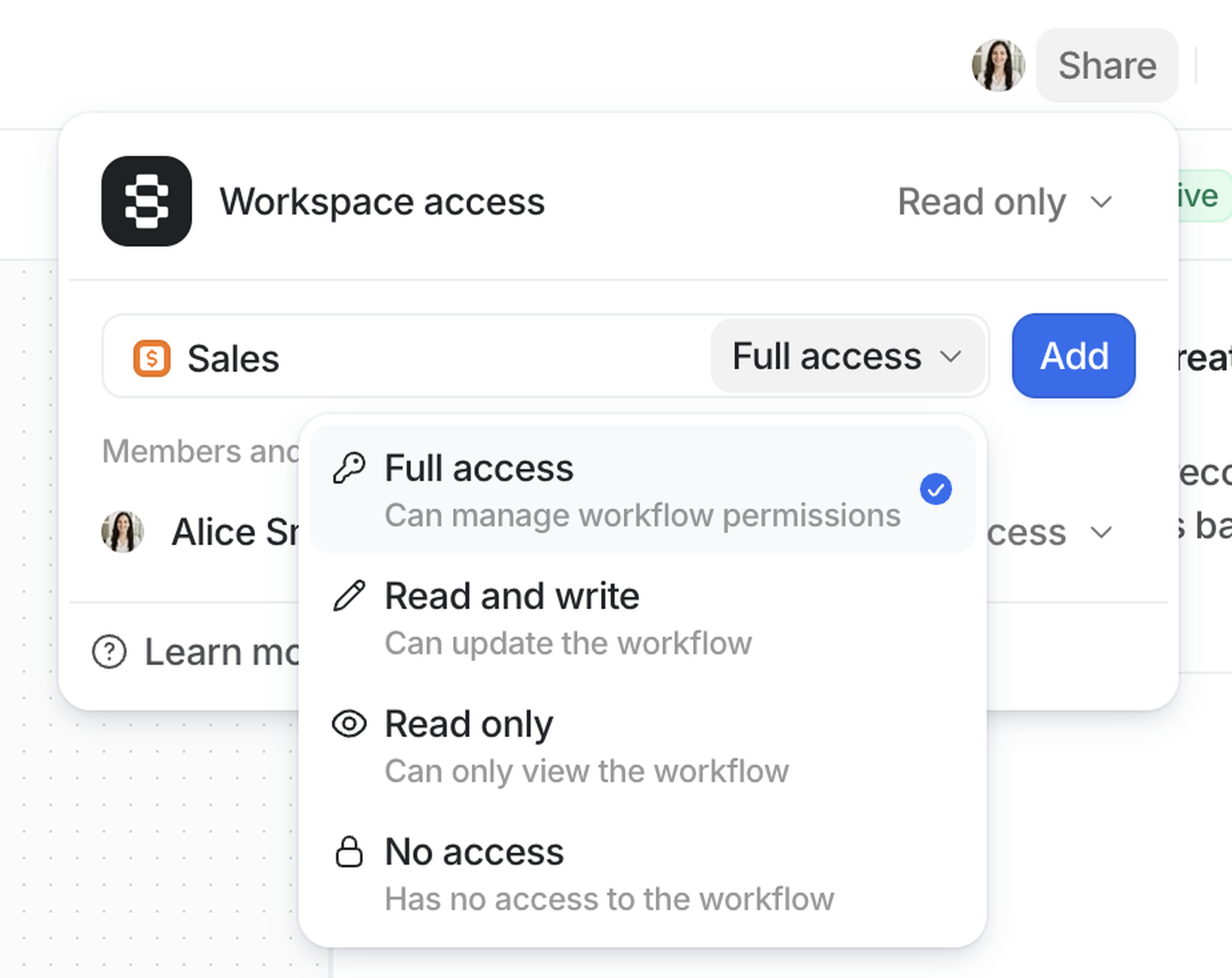 Dropdown menu showing access levels: Full access, Read and write, Read only, and No access, with "Full access" selected.