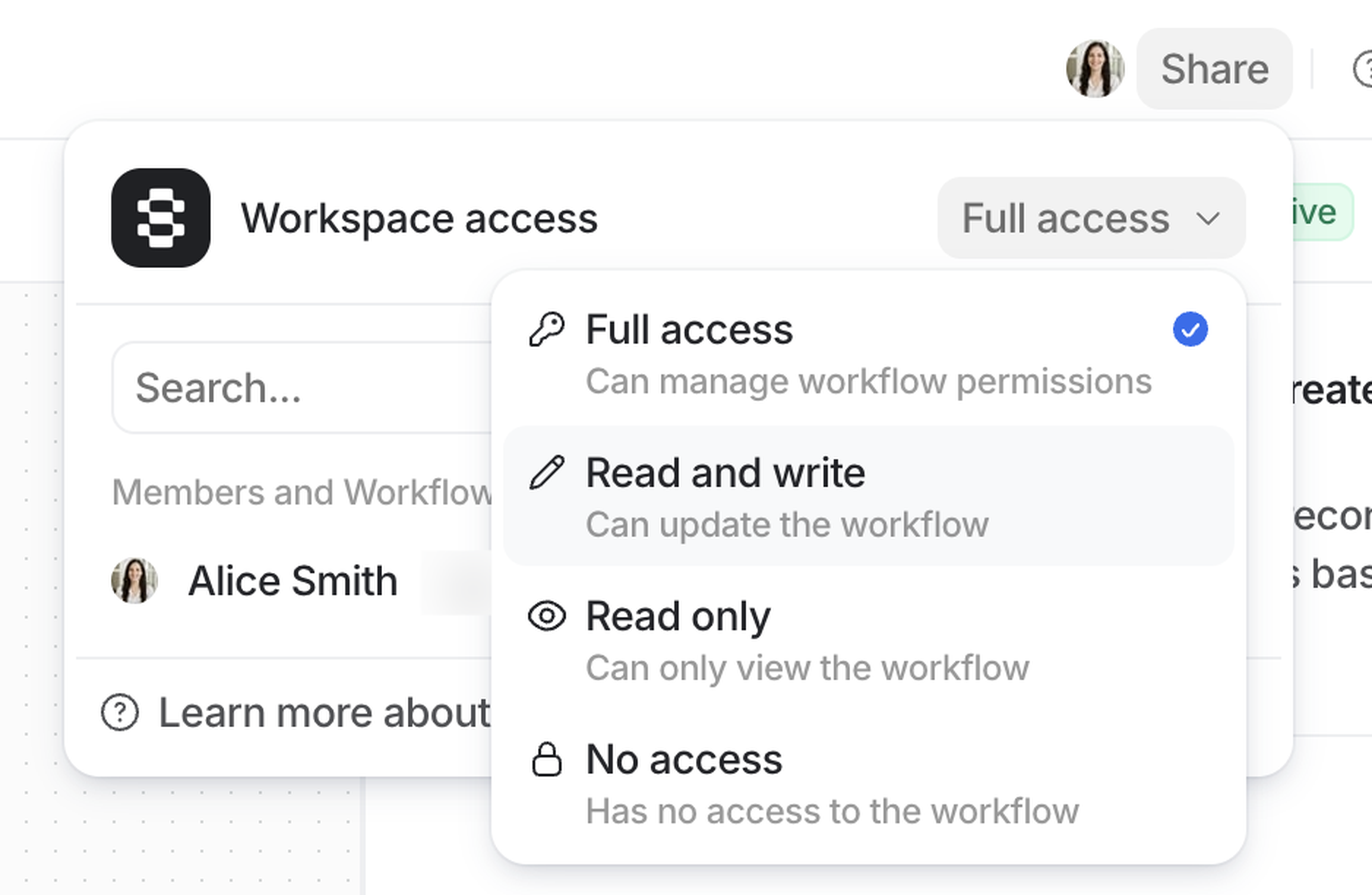 Dropdown menu displaying workspace access options: Full access, Read and write, Read only, No access. "Full access" is selected.