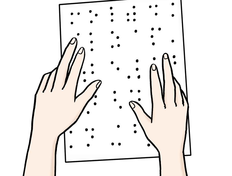 zwei Hände lesen ein Blatt/eine Oberfläche mit Blindenschrift.
