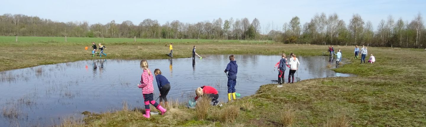 Kinder stehen am See und Keschern