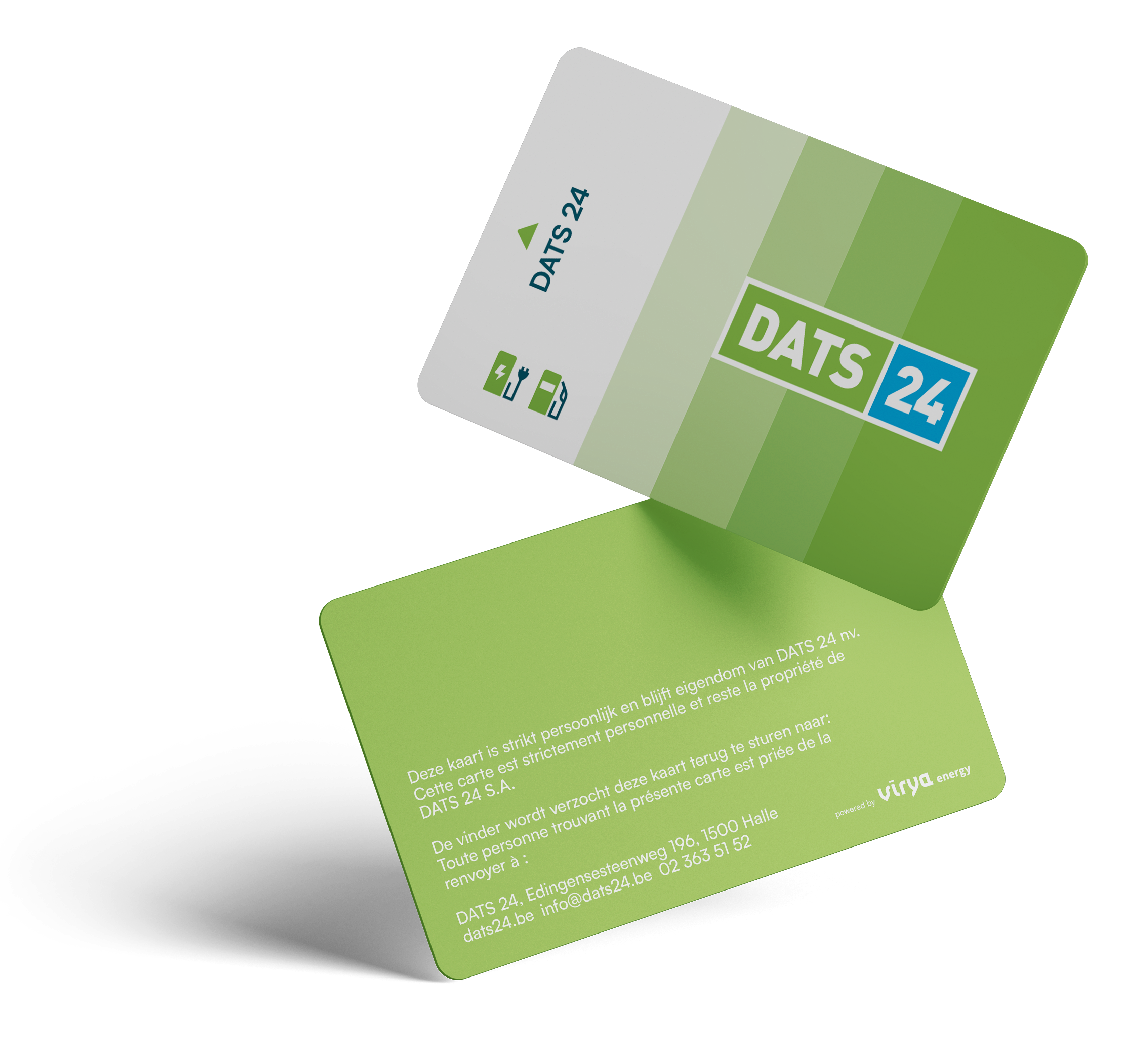 Een afbeelding van de voor- en achterkant van de hybride DATS 24-kaart voor tanken en laden