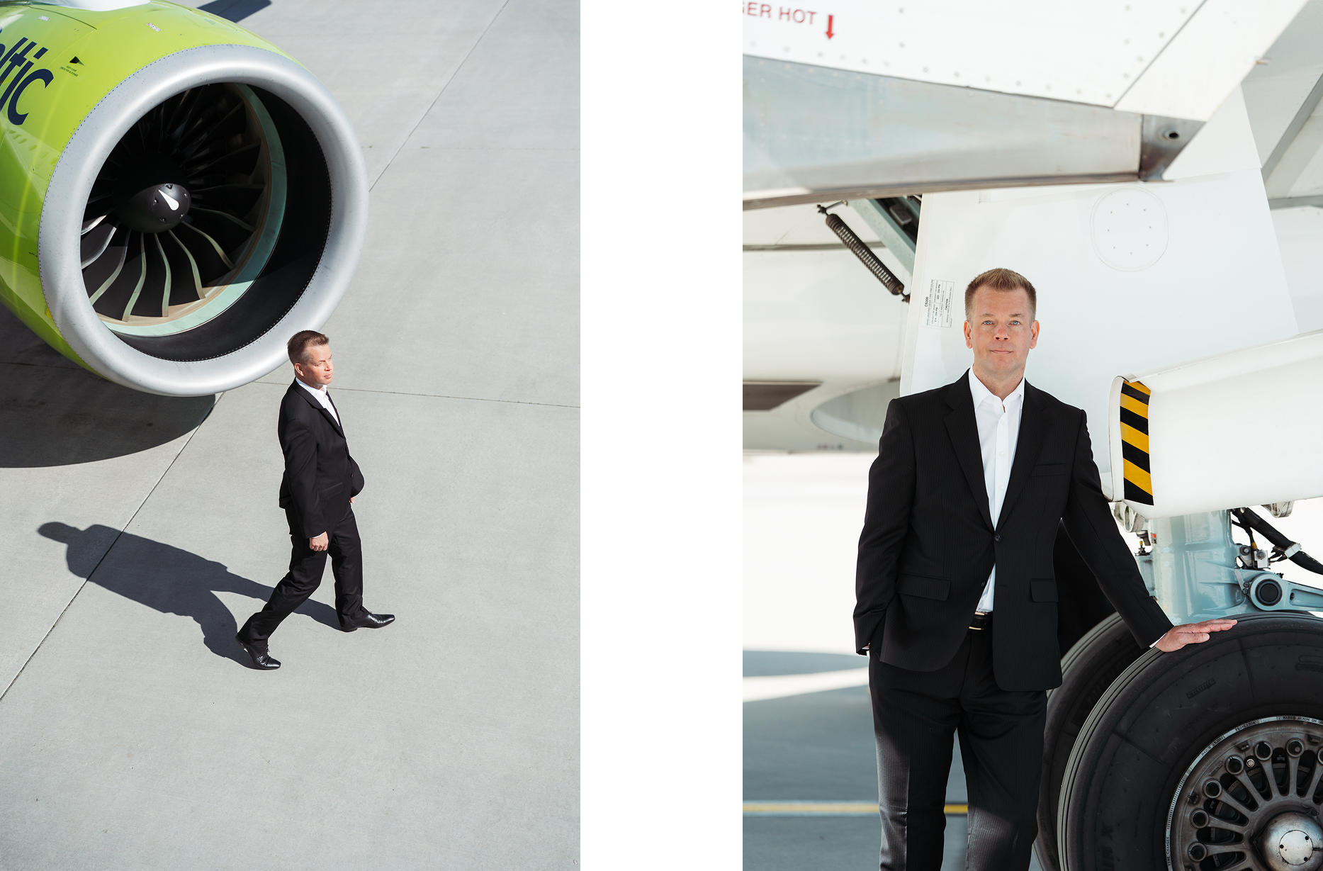Erno Hilden airBaltic CEO Erno Hilden in a black suit walks on apron next to an aircraft engine and poses near the landing gear.