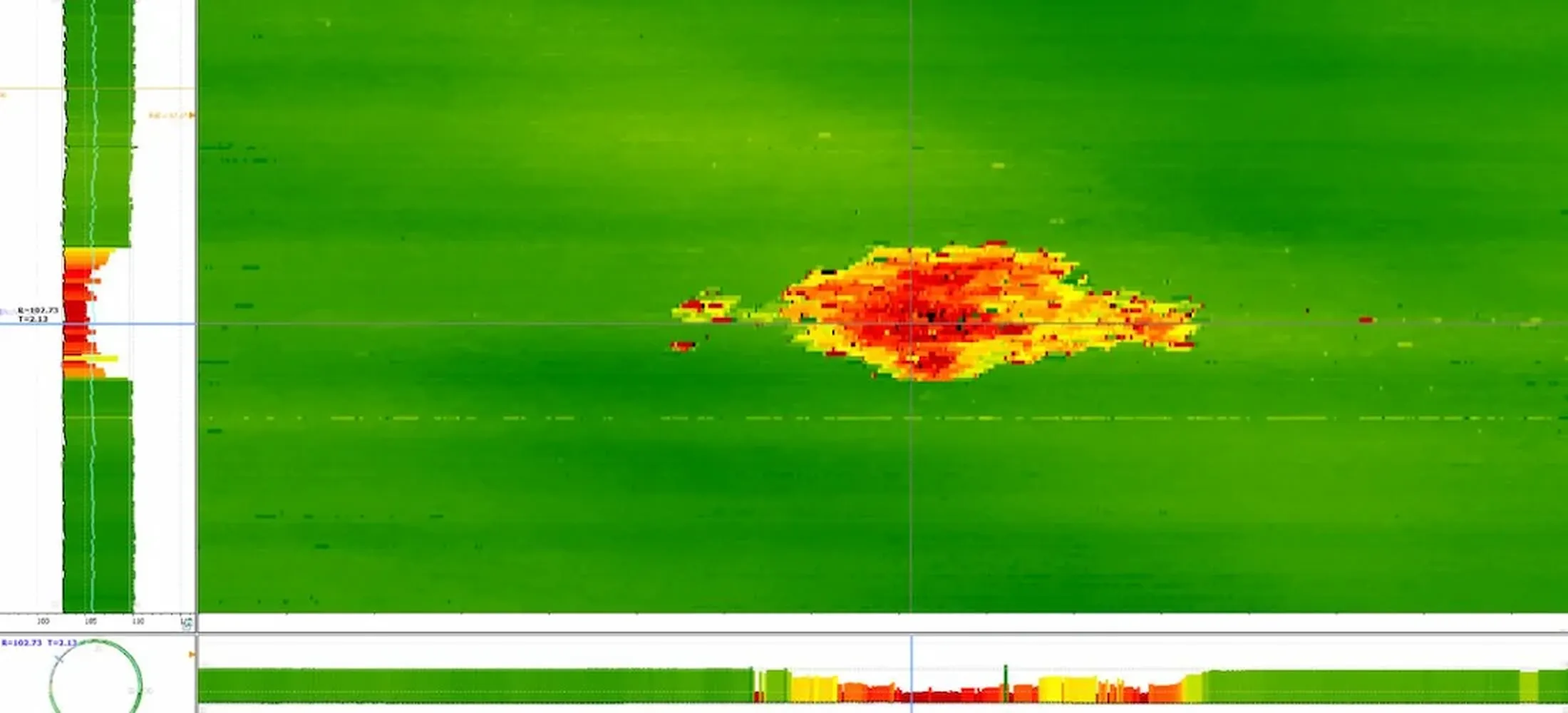 The image shows a metal loss depect detected in a downhole production well at a depth of 827 meters.