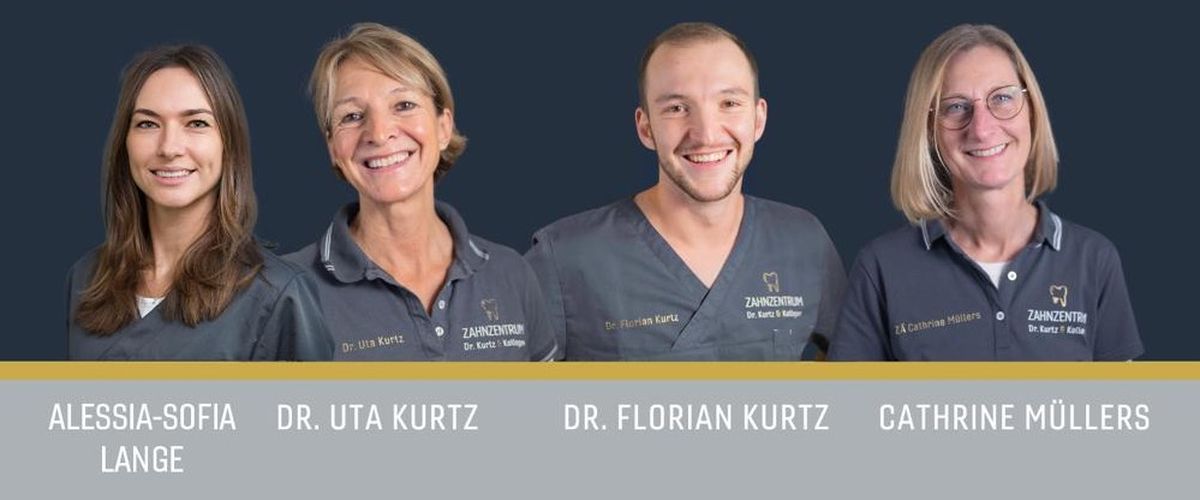 Four smiling people in gray uniforms with names displayed below: Alessia-Sofia Lange, Dr. Uta Kurtz, Dr. Florian Kurtz, Cathrine Müllers.