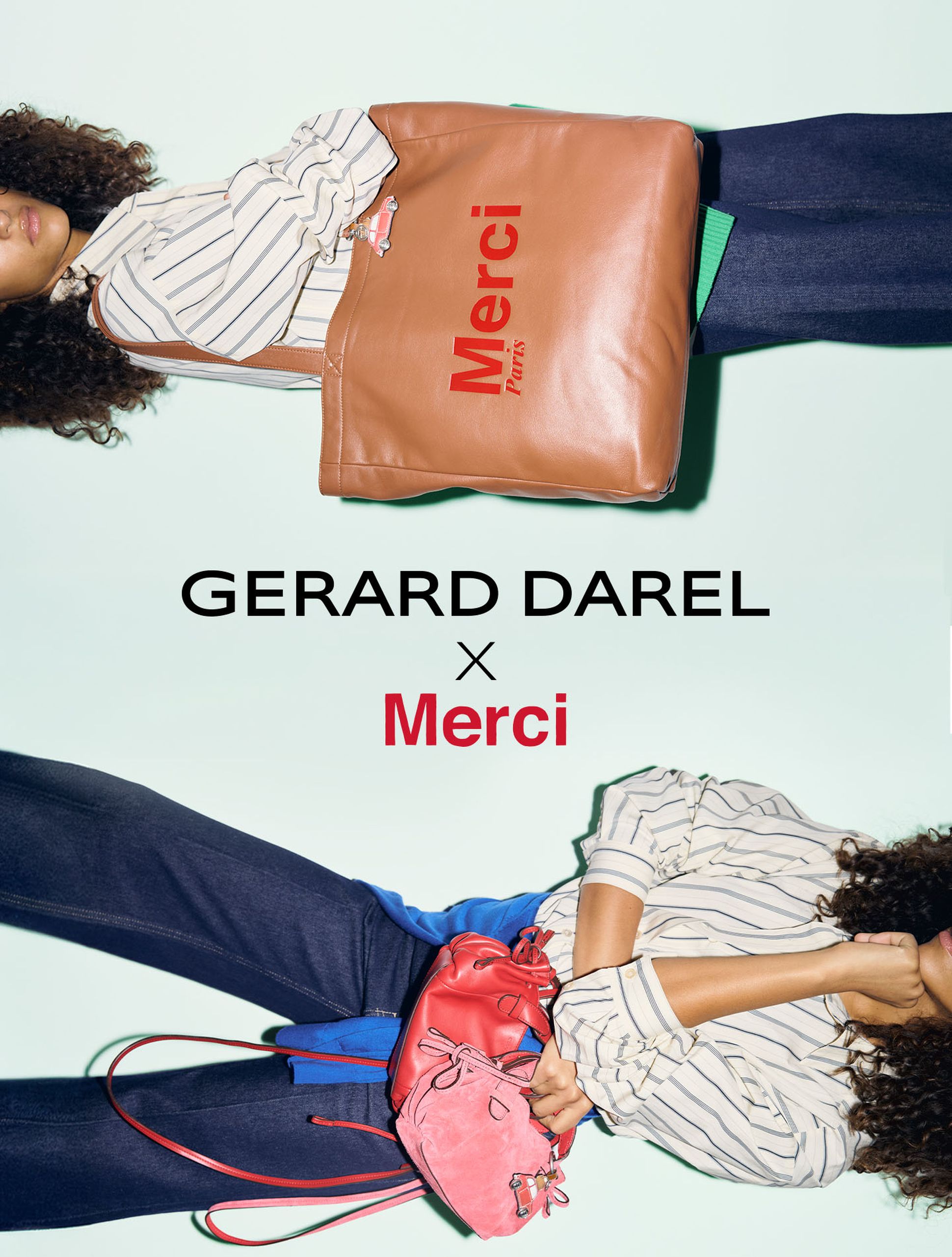 A woman in a striped blouse holds a large brown tote and a red purse. Text reads "Gerard Darel x Merci" on a light background.