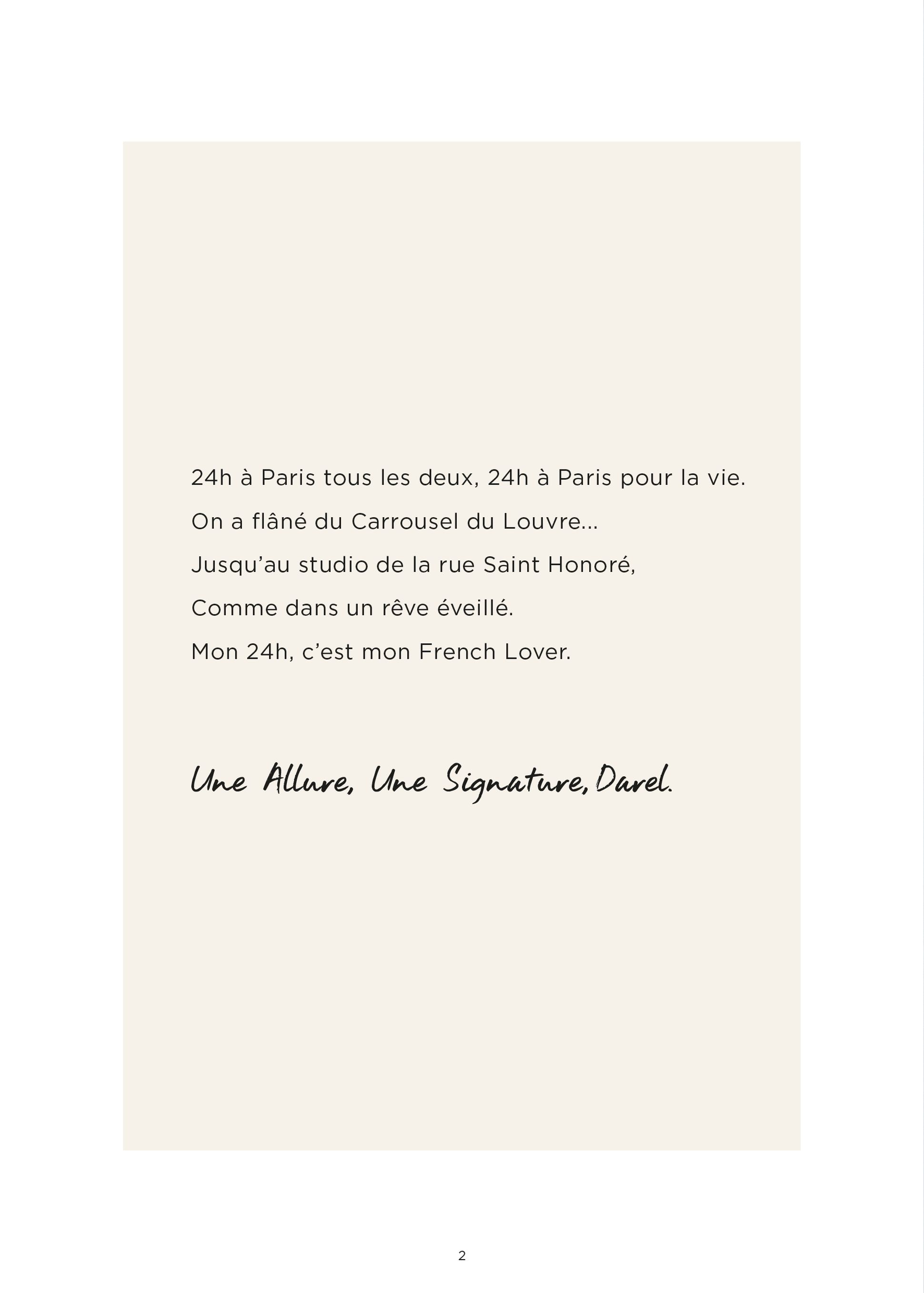 Text in French describing a romantic day in Paris, concluding with "Une Allure, Une Signature, Darel."