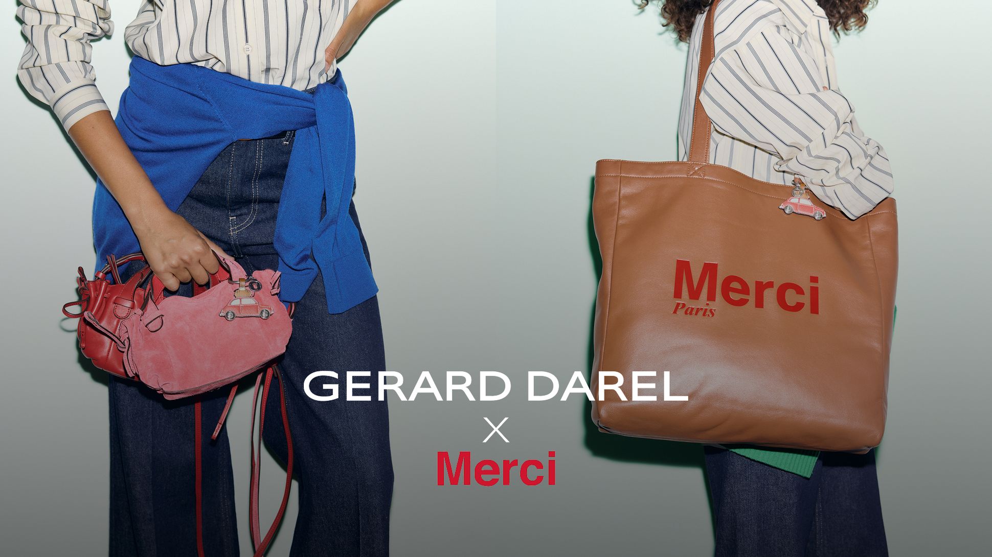 Two people wearing striped shirts and holding bags with car motifs. Text reads "Gerard Darel x Merci."