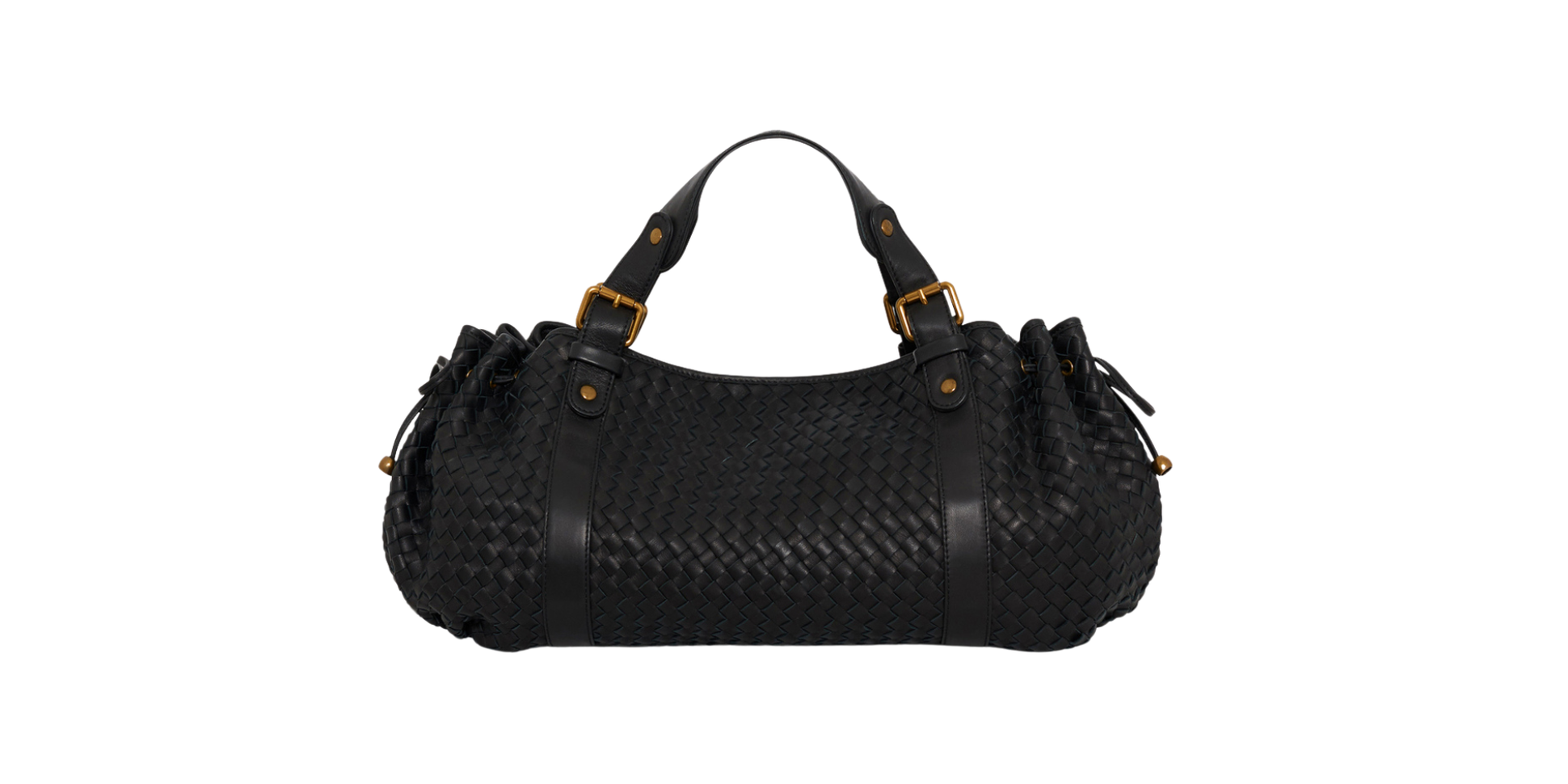 Black woven leather handbag with gold accents, structured handles, and drawstring sides on a white background.
