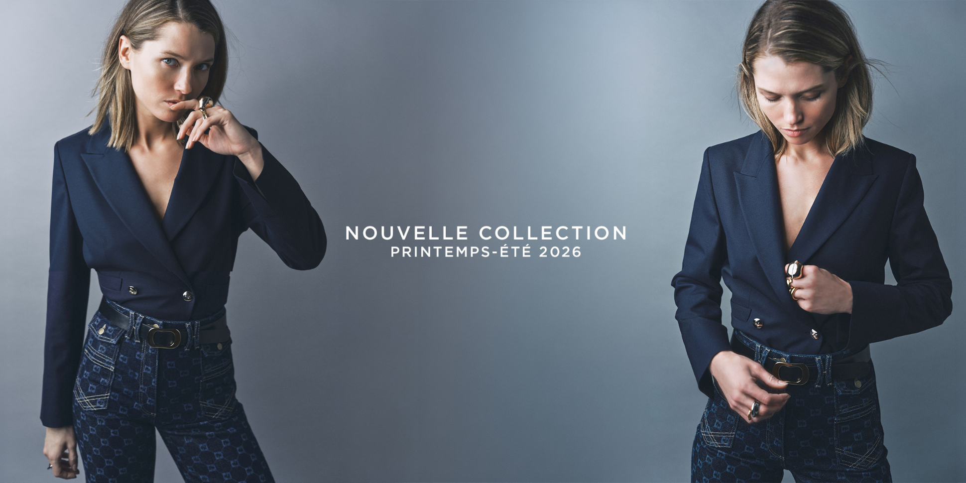 Woman in a navy blazer and patterned jeans, featured twice, showcases the "Nouvelle Collection Printemps-Été 2026" against a gray backdrop.