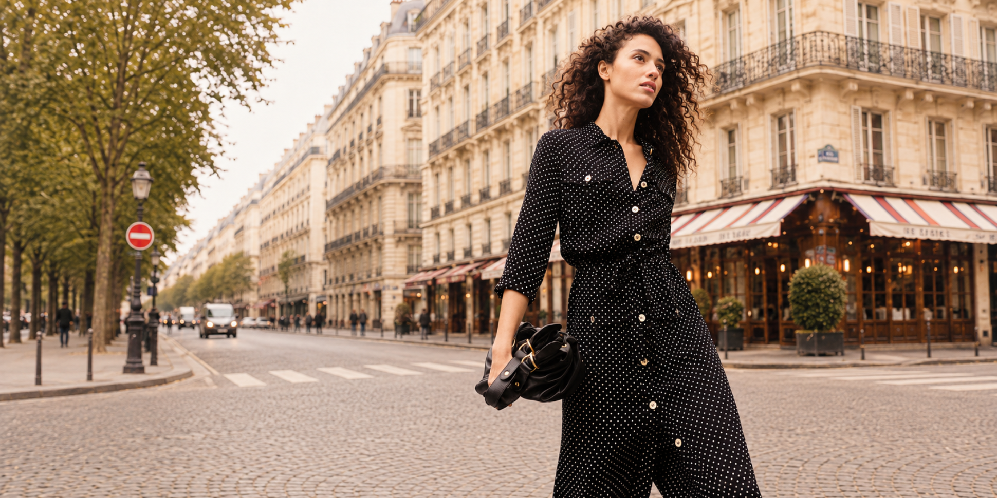 Woman in a black polka dot dress walking on a Parisian street, with classic buildings and a café in the background.