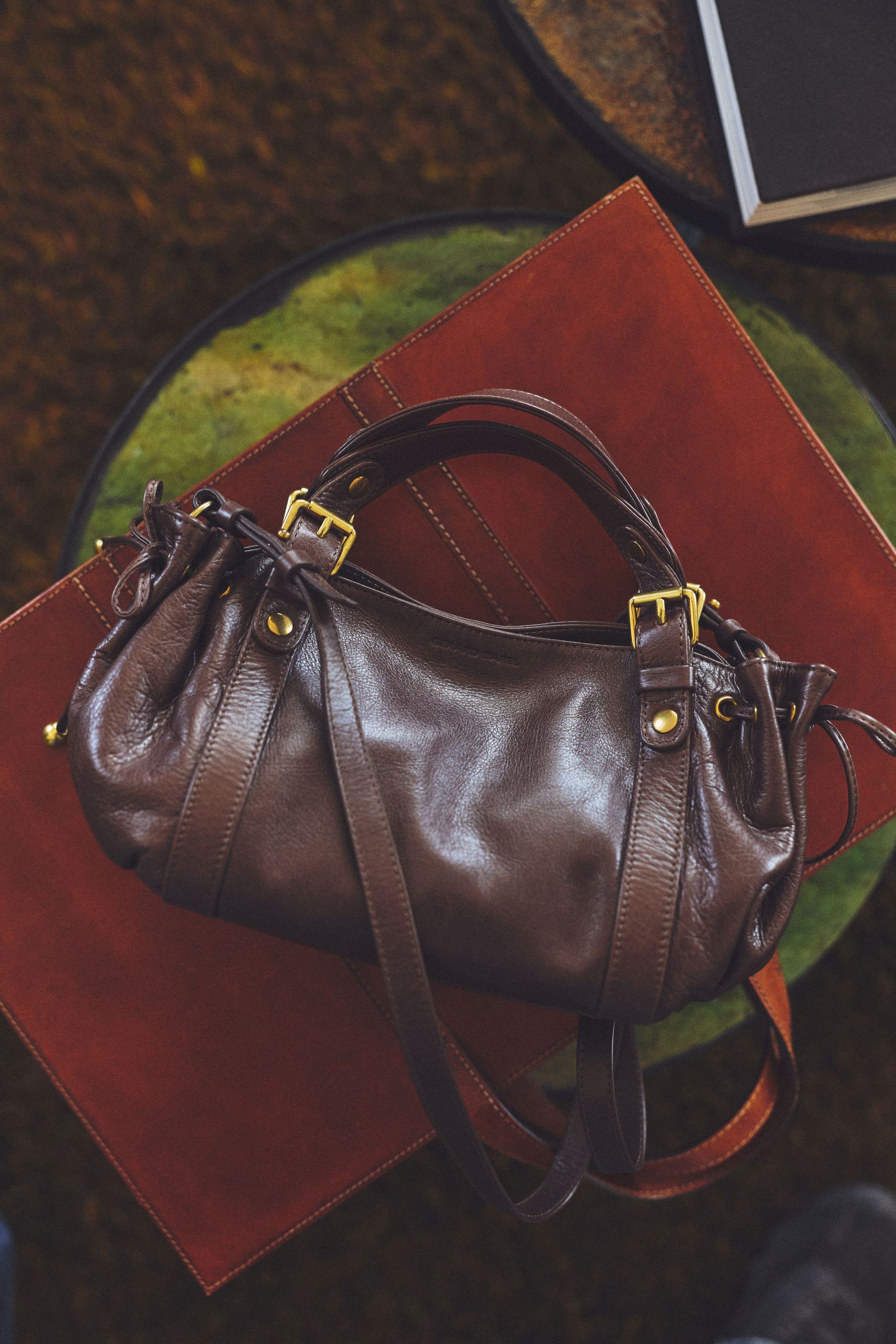 A brown leather handbag with gold buckles and straps lies on a large brown leather notebook, set against a green background.
