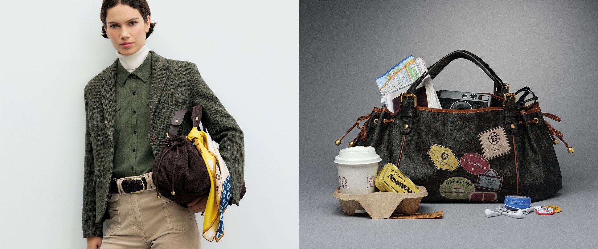 A person in a green blazer and beige pants holds a colorful bag. Nearby, a patterned handbag overflows with items including a map, camera, and coffee cup.