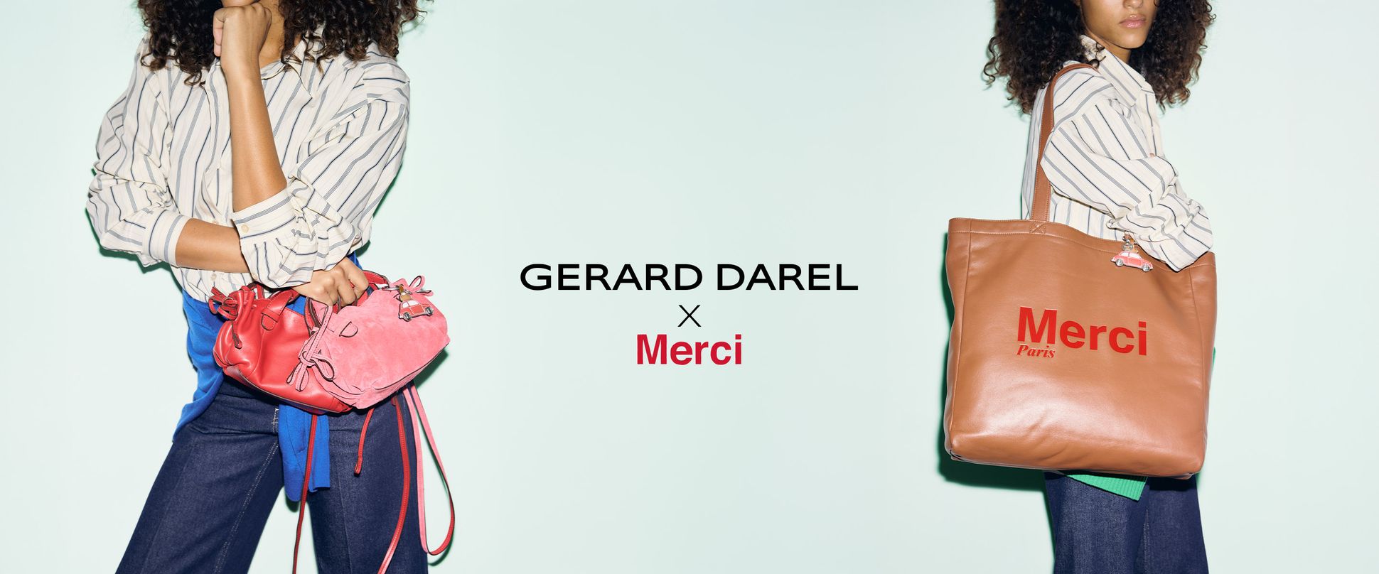 A person in a striped shirt holds a pink handbag and a brown tote with "Merci Paris." The text reads "GERARD DAREL x Merci."