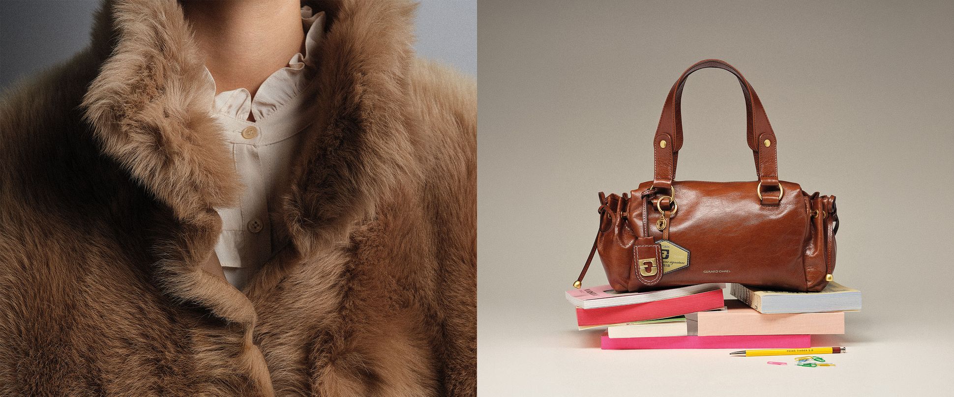 Close-up of a person in a fur coat on the left; a brown leather handbag resting on stacked books with a pen and paper clips on the right.