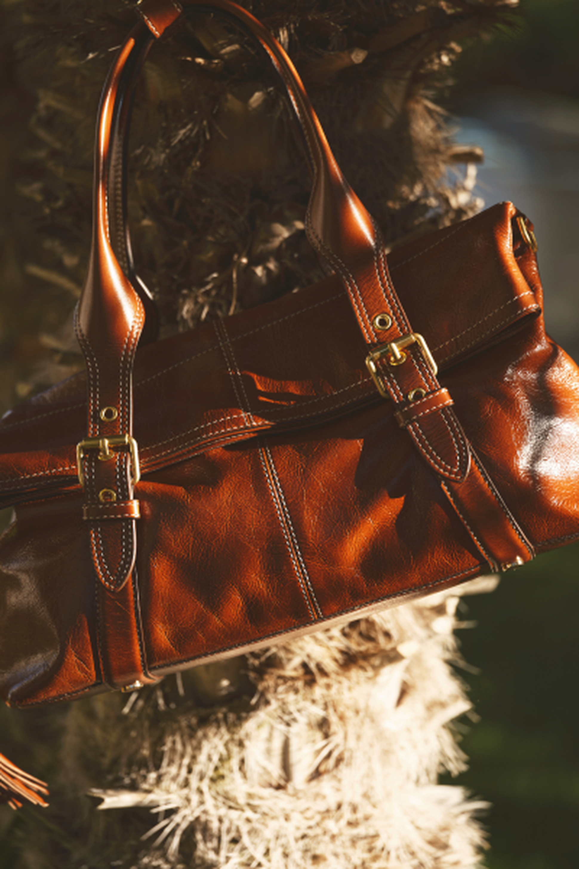 A brown leather handbag with brass buckles hangs on a textured tree trunk in warm, natural light.