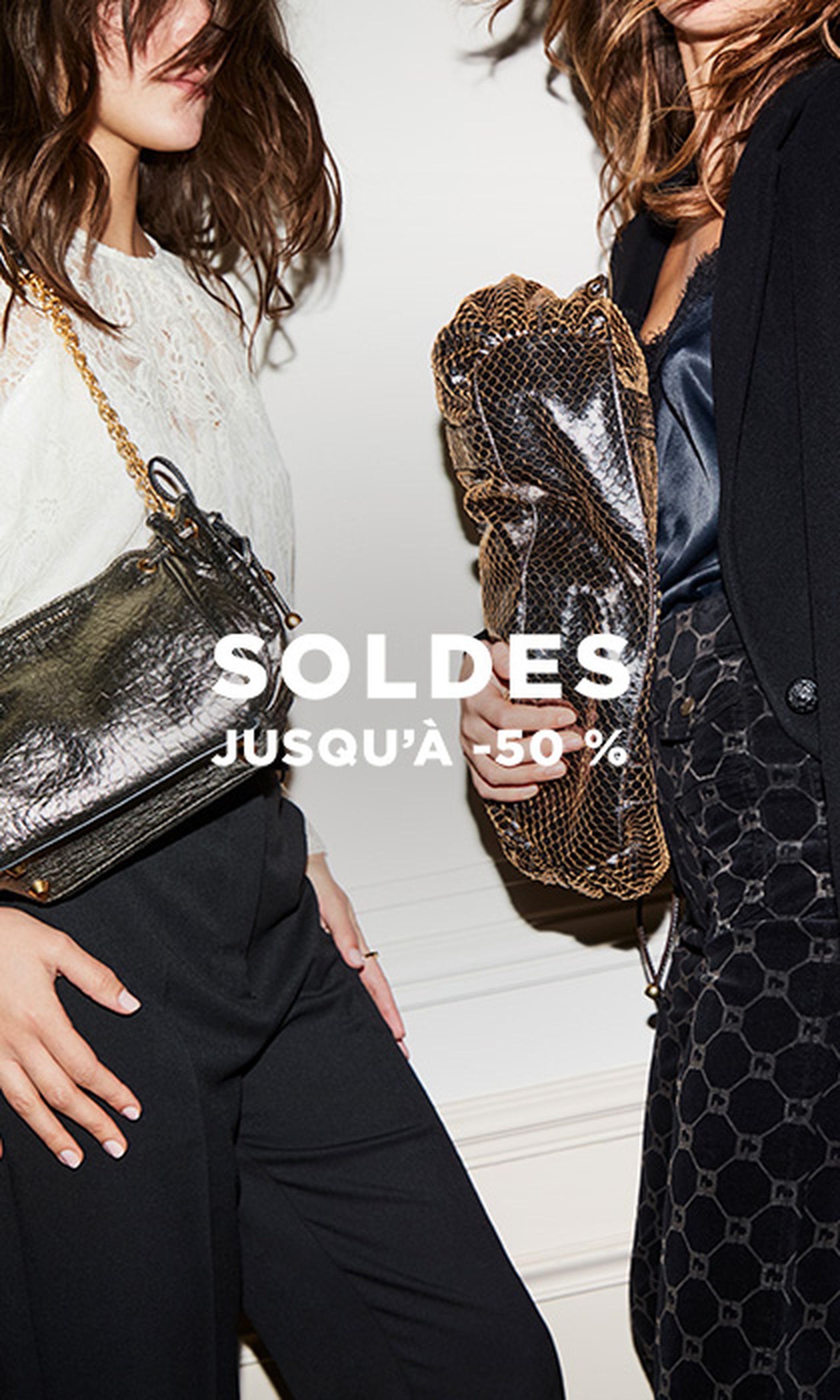 Women dressed for a party holding bags with the sales text across the front