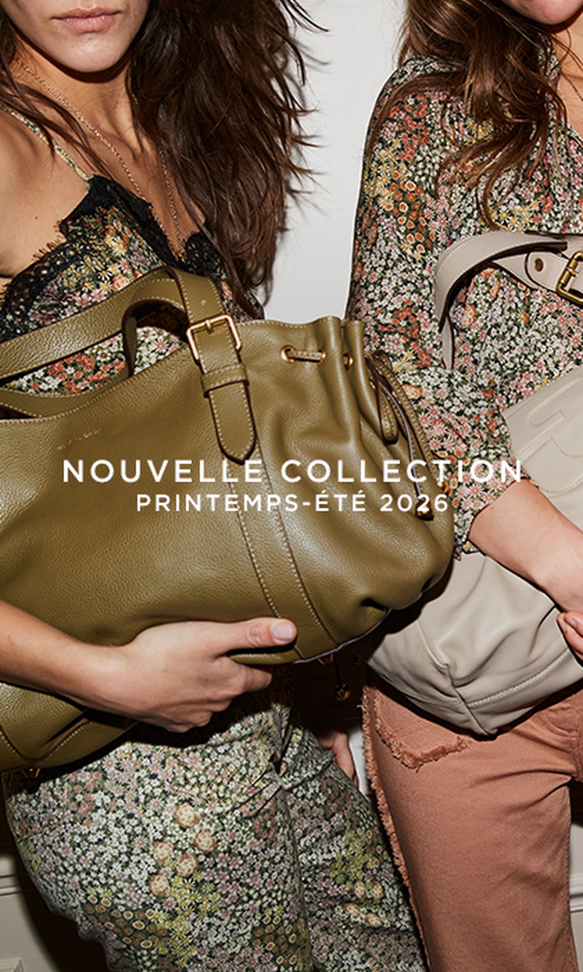 Two women in floral outfits hold large handbags. Text overlay reads, "Nouvelle Collection Printemps-Été 2026."
