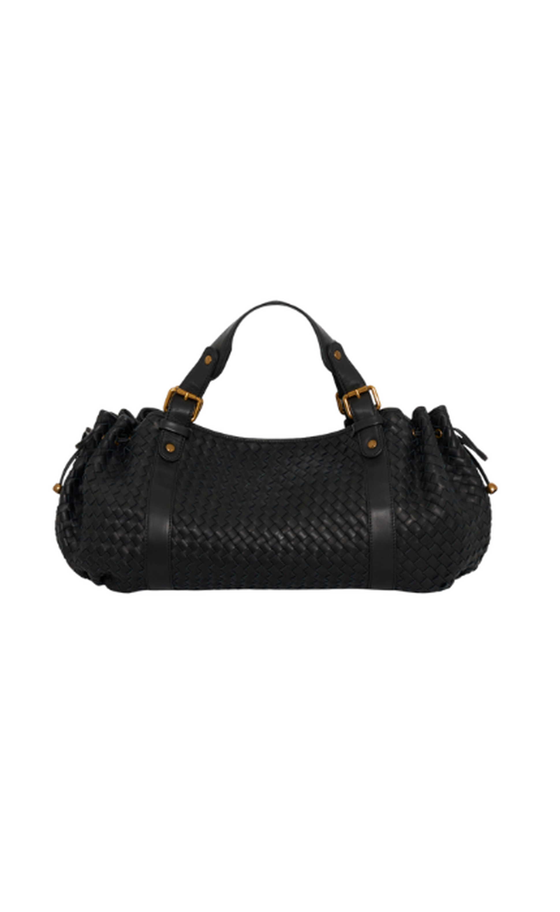 A black woven handbag with short handles and brass accents, featuring gathered sides for a rounded shape.
