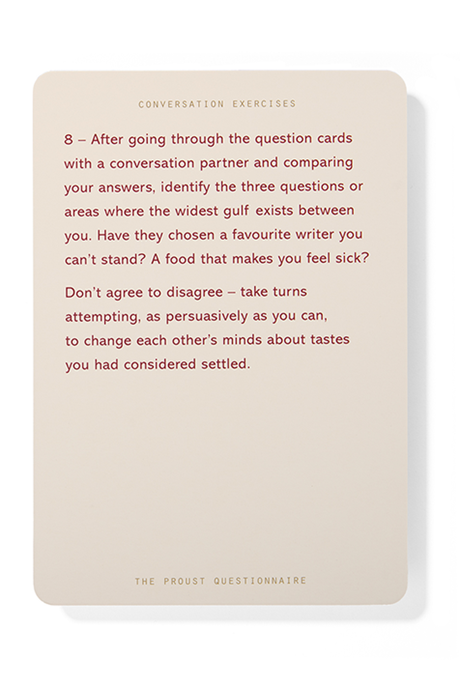 A card titled "Conversation Exercises" with instructions for comparing answers and discussing differing tastes in favorite writers or foods.