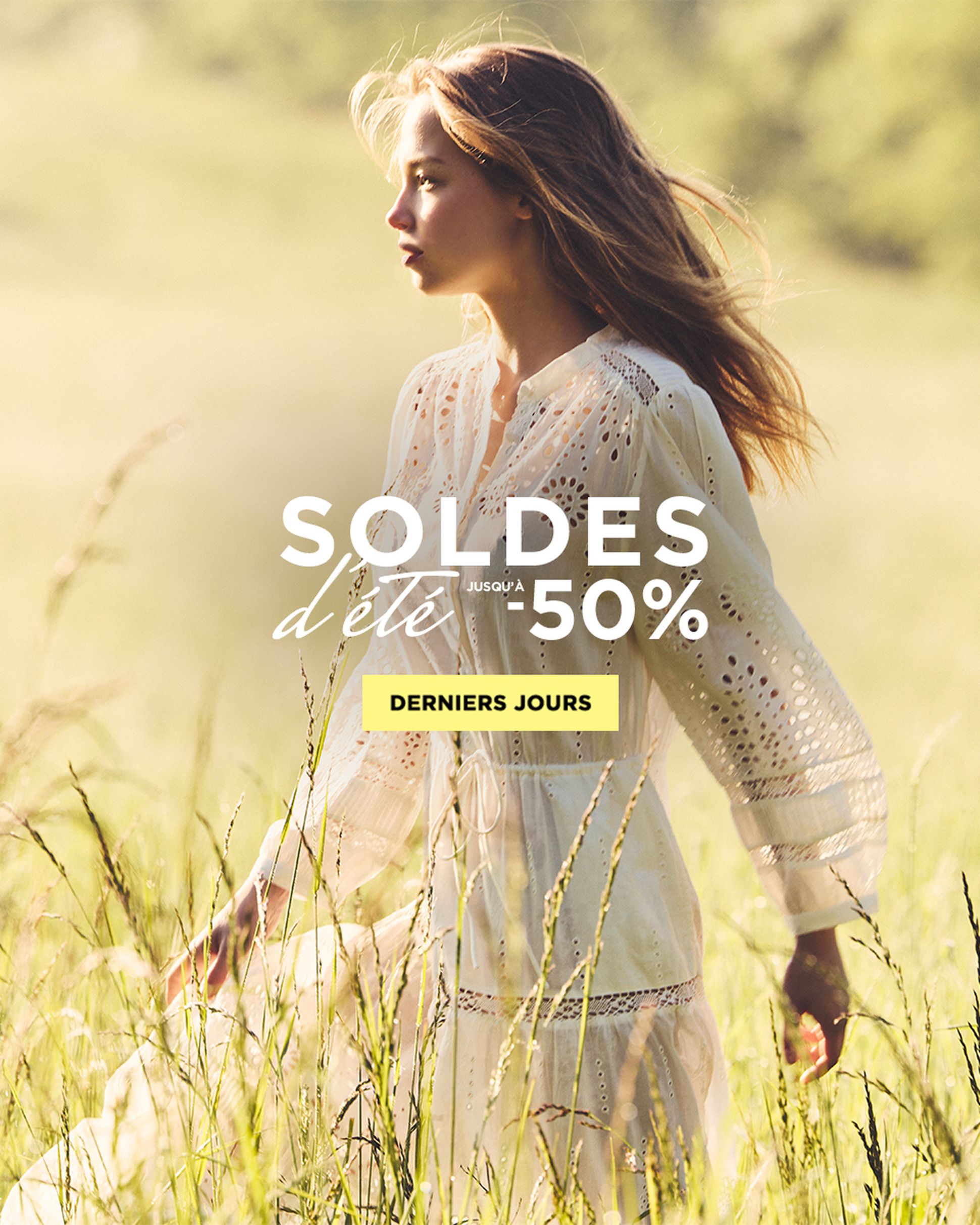 Woman in a white dress stands in a sunlit field with “Summer Sale Up to 50% Off” and “Last Days” text overlay.