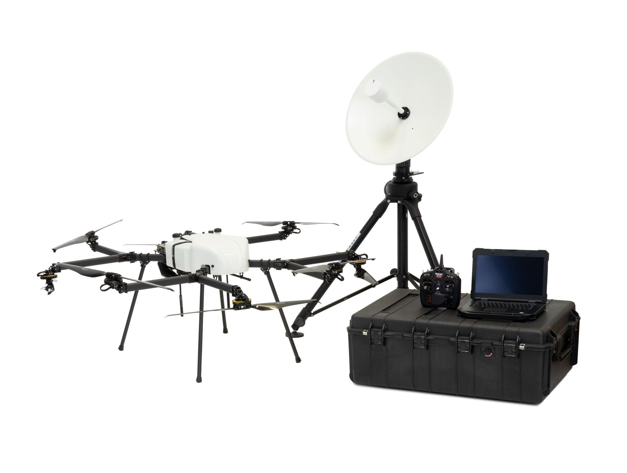 Perimeter 8 hybrid drone with tracking antenna dish