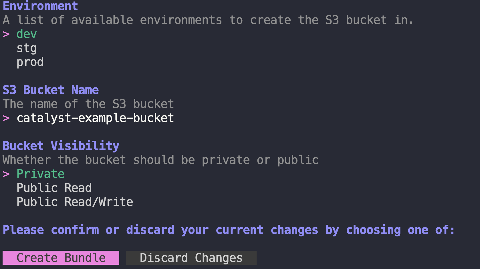 catalyst-example-bucket in the dev environment.
