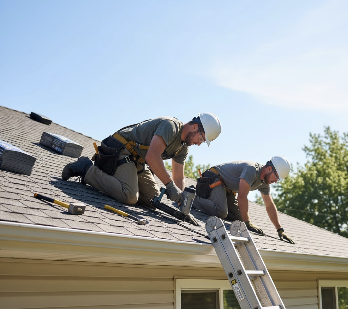 Roofing contractors at work