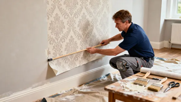 Painter Wallpapering Wall
