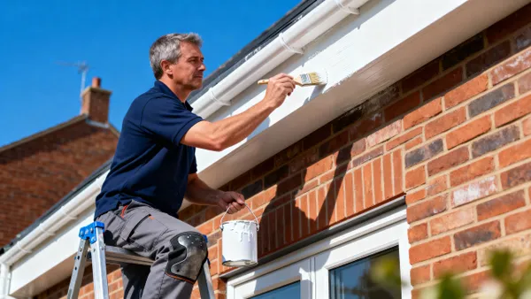 Painter Up Ladder Painting Soffit And Fascia