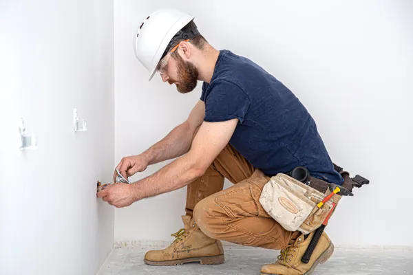 Professional Overalls With Electrician S Tool White Wall Background Home Repair Electrical Installation Concept