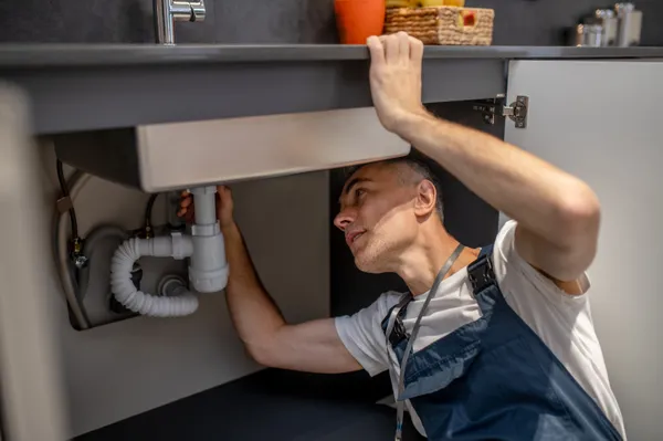 Plumber Examining Bottom Kitchen Sink