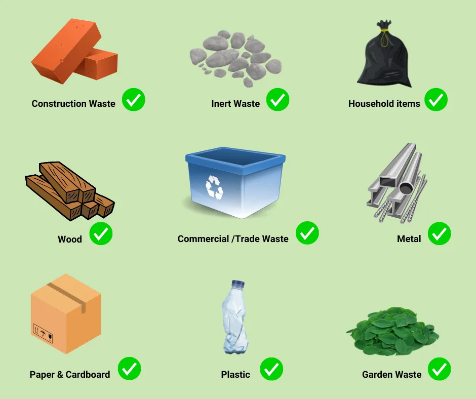 Construction rubble, timber, garden waste and household items that can go in a skip