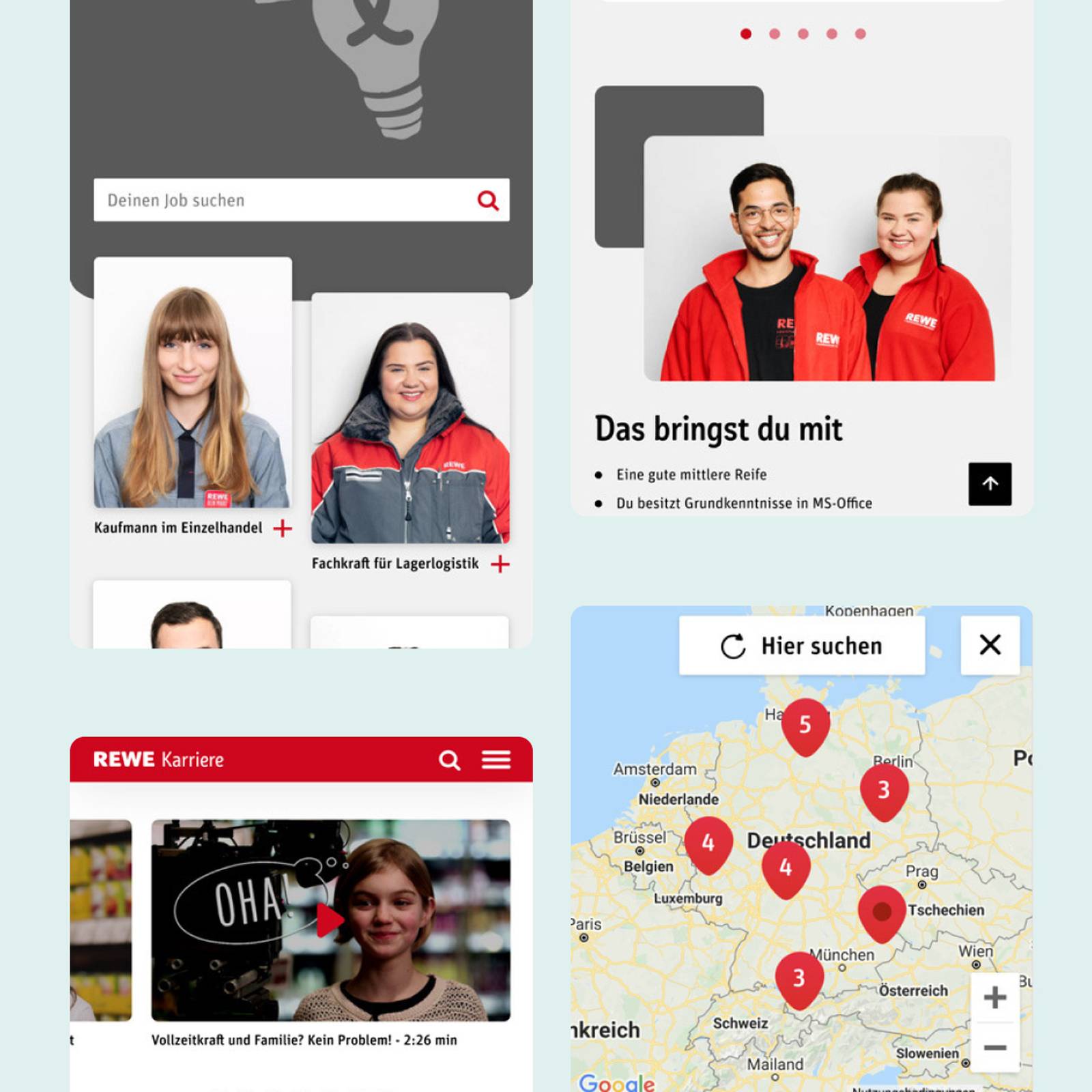 Collage von Screenshots der REWE Karriere-Website mobil.