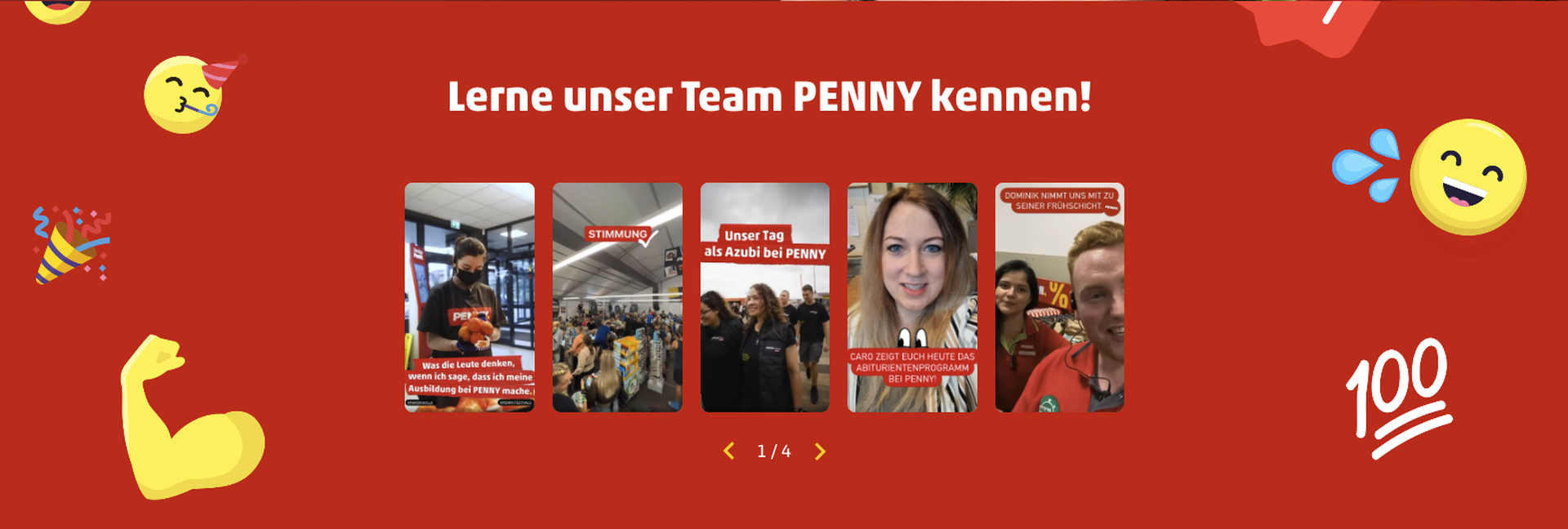 Fünf Instagram-Stories vom PENNY-Karriere-Account mit Emojis.