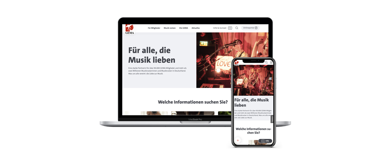 Zwei Screenshots der GEMA-Website auf Laptop und Mobilgerät.