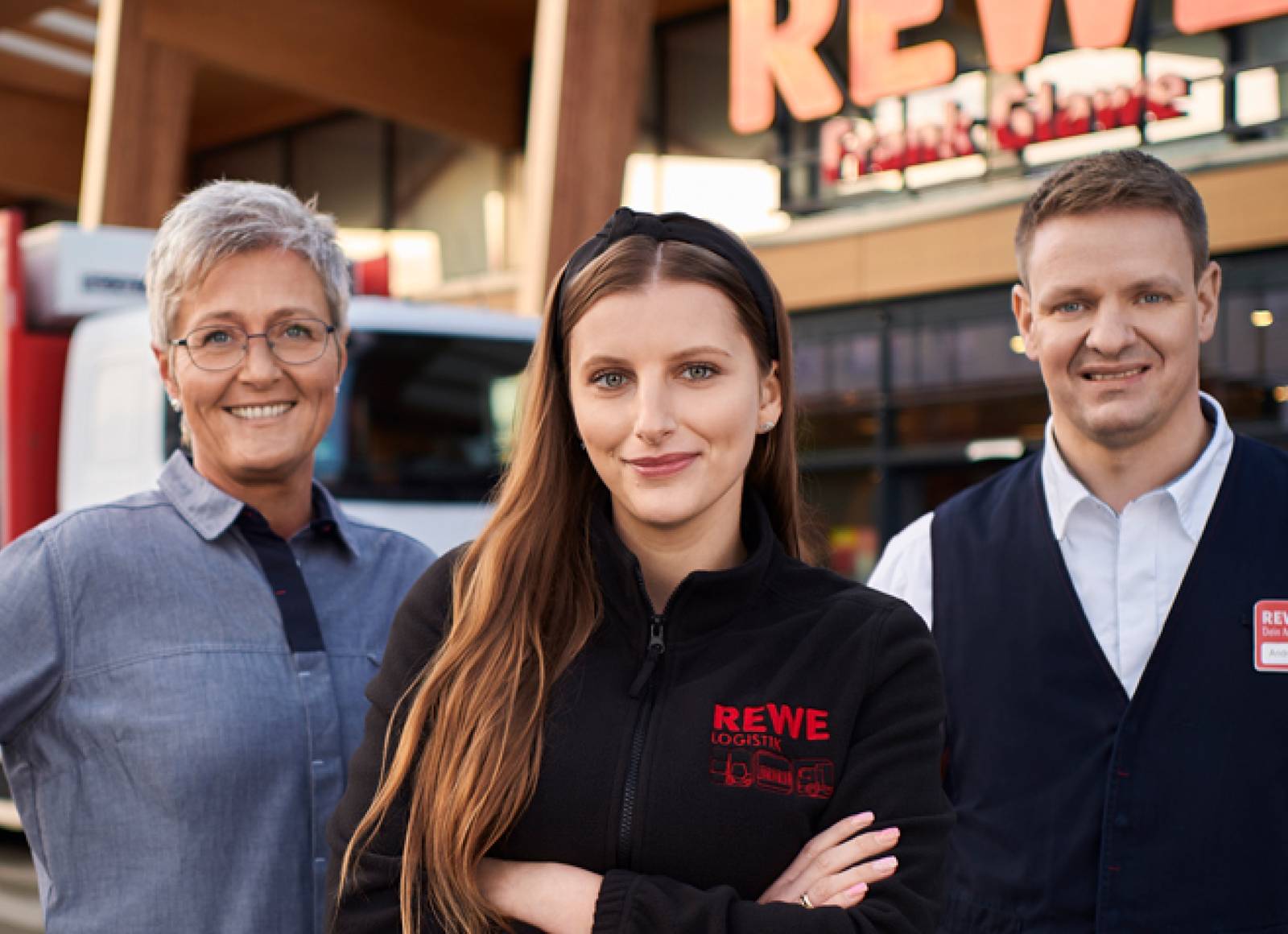 Eine Angestellte und ein Angestellter in REWE-Arbeitskleidung stehen nebeneinander und lächeln freundlich in die Kamera.