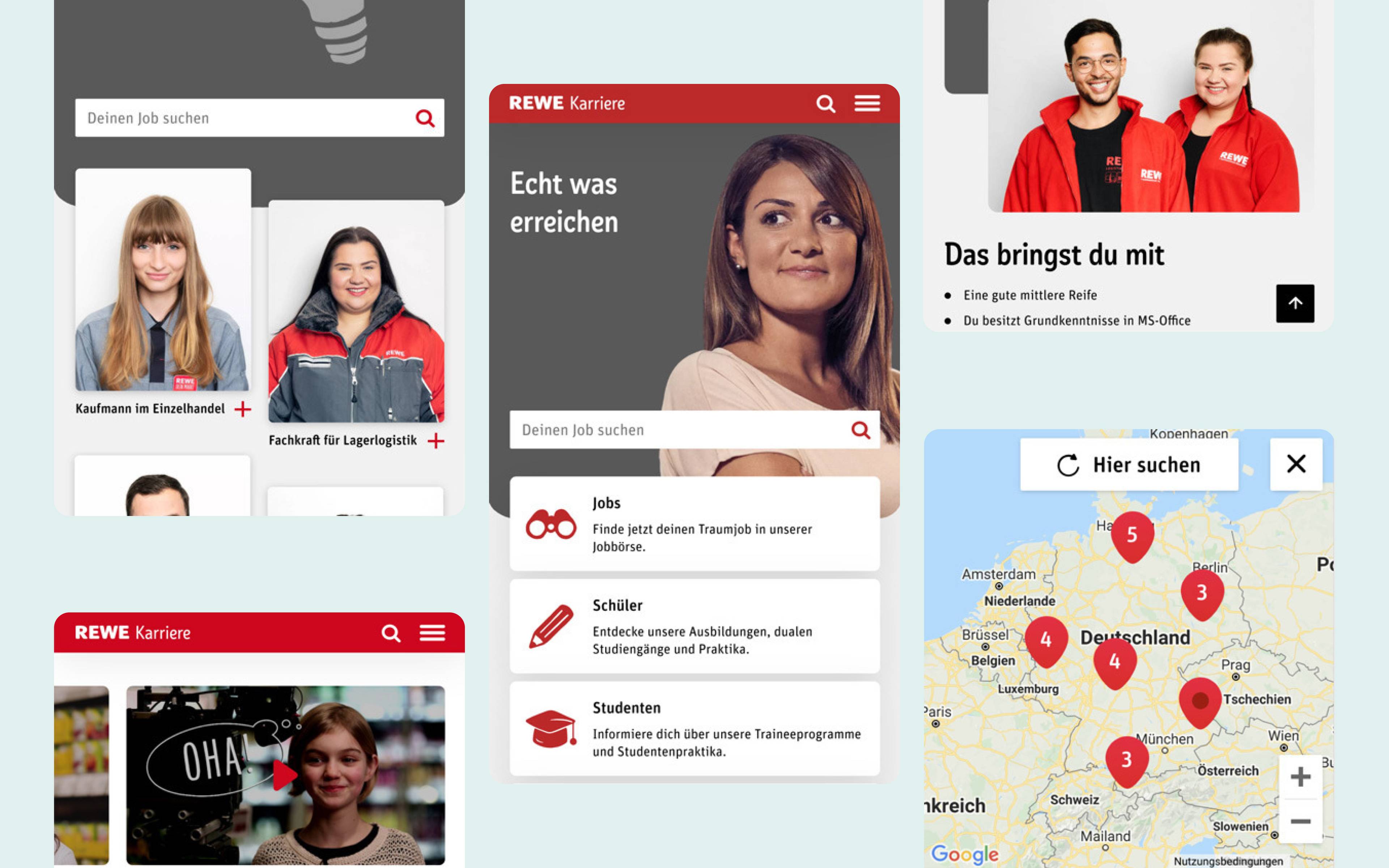 Collage von Screenshots der REWE Karriere-Website mobil.