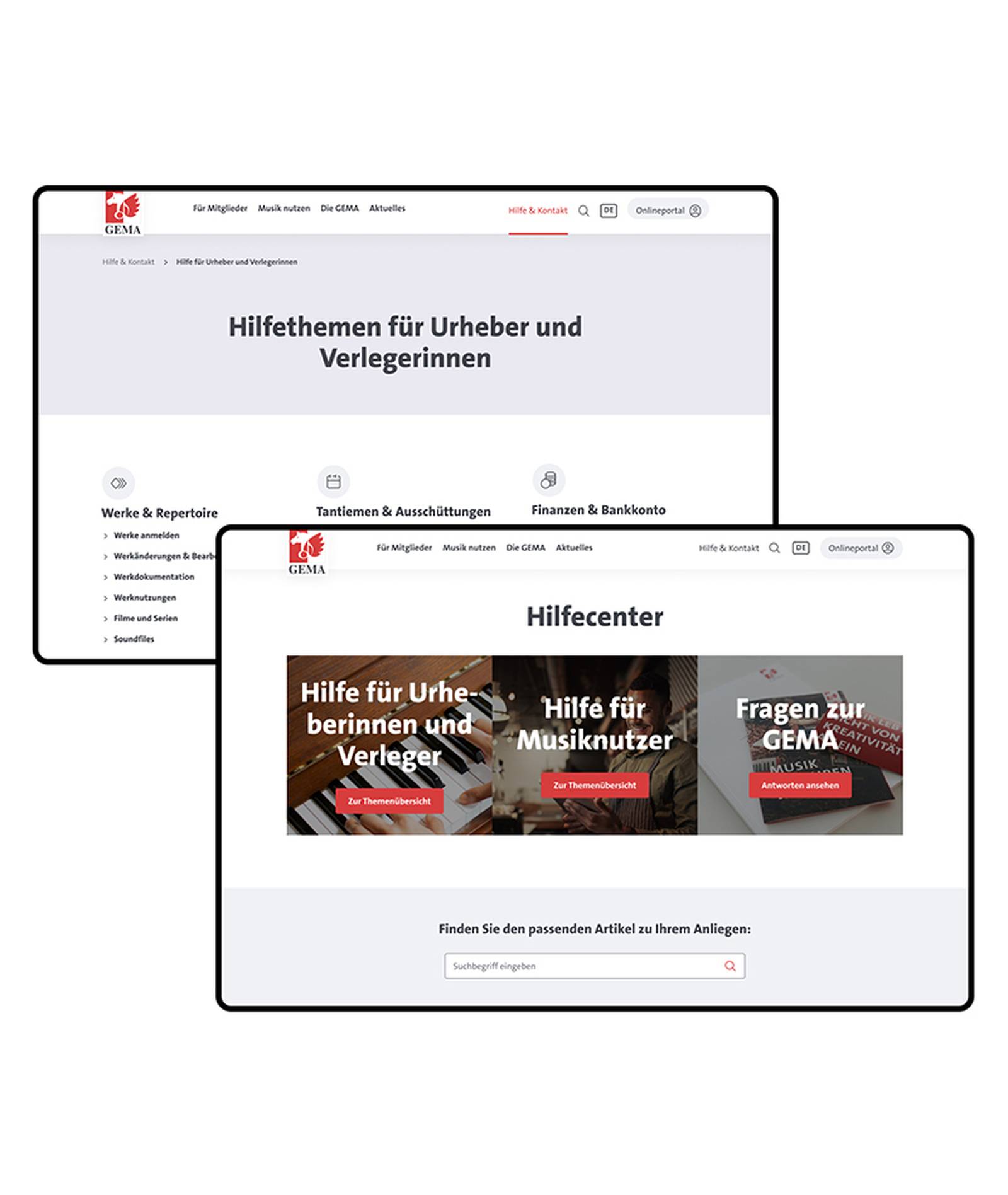Screenshot des Hilfe-Centers der GEMA-Website.