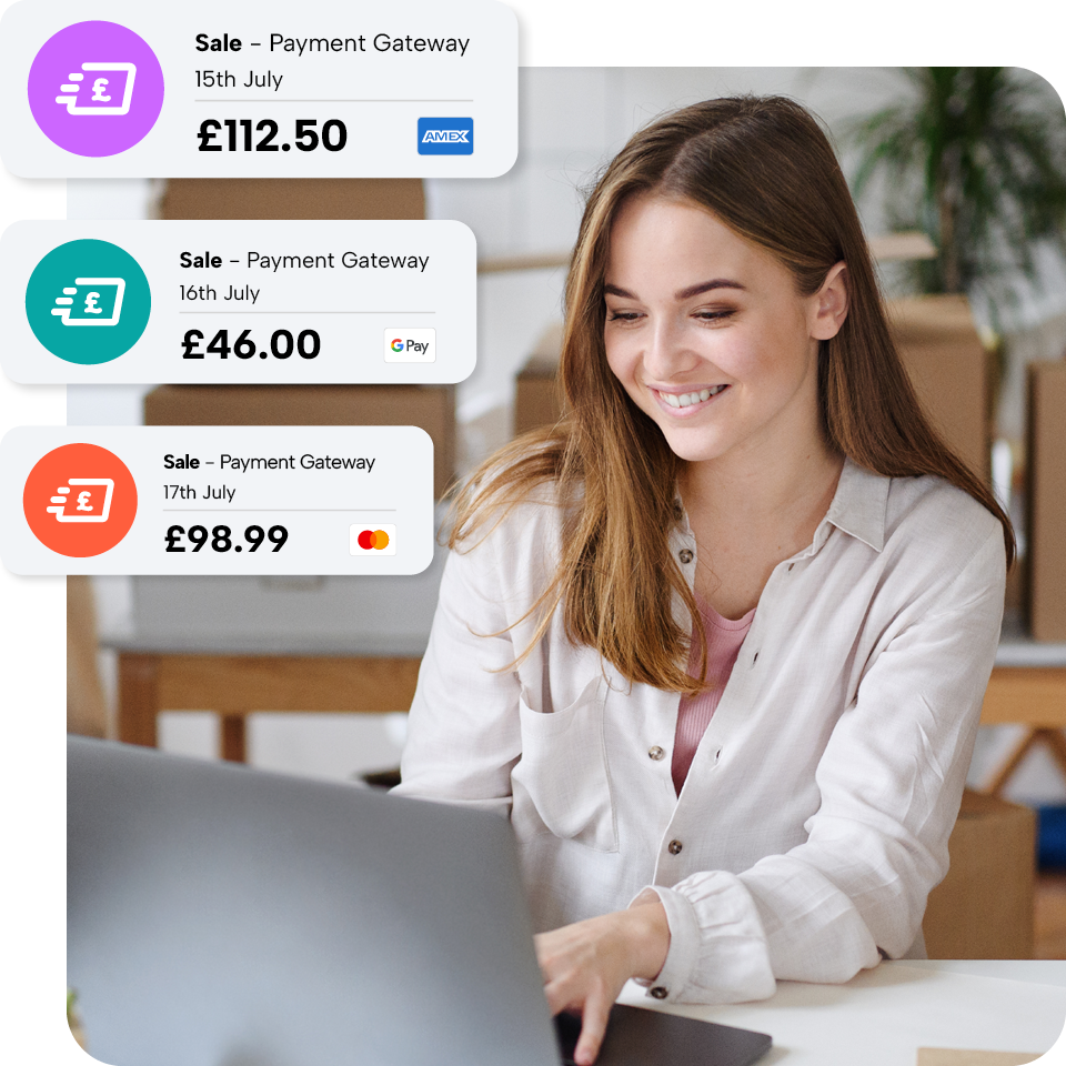 Smiling woman using a laptop, with overlay graphics showing transaction amounts and payment methods: Amex, Google Pay, and Mastercard.