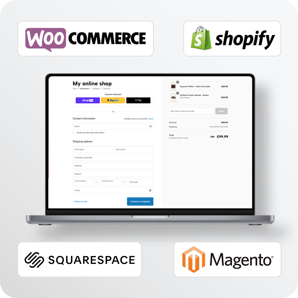 Laptop displaying an online shop checkout page, surrounded by WooCommerce, Shopify, Squarespace, and Magento logos.