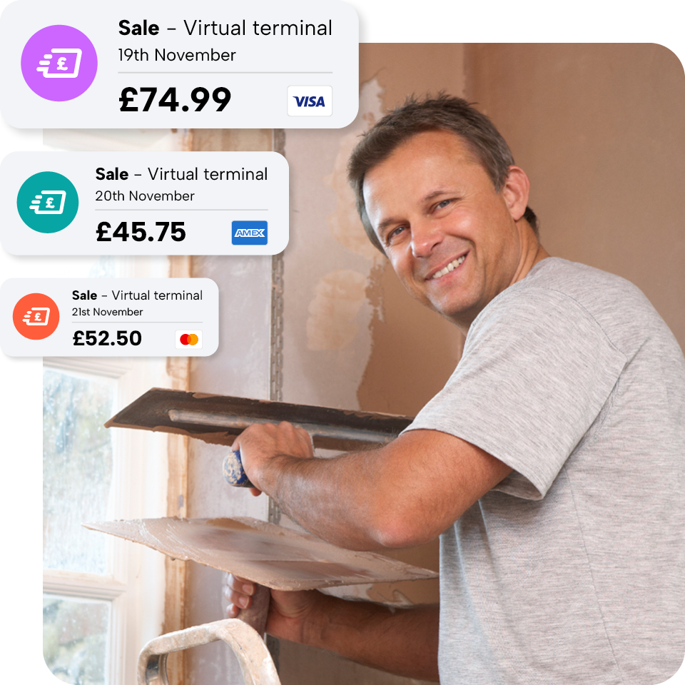 Man plastering a wall, smiling. Overlaid are transaction notifications: £74.99, £45.75, £52.50, with Visa and Amex logos, dated 19-21 November.